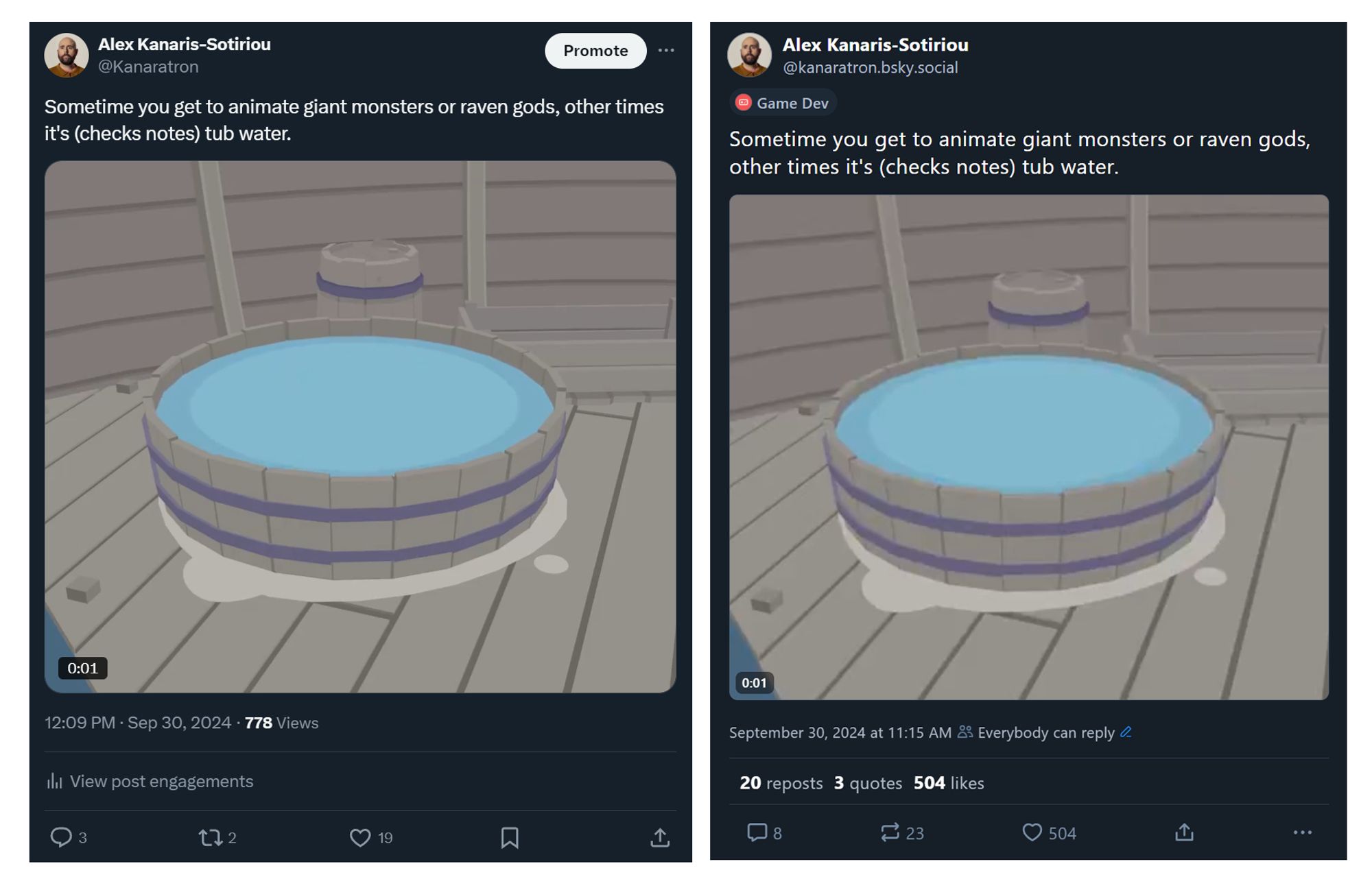 Two similar posts. One on my Twitter, one on my Bluesky account. The Twitter one has 19 likes, the Bluesky on has 504 likes.