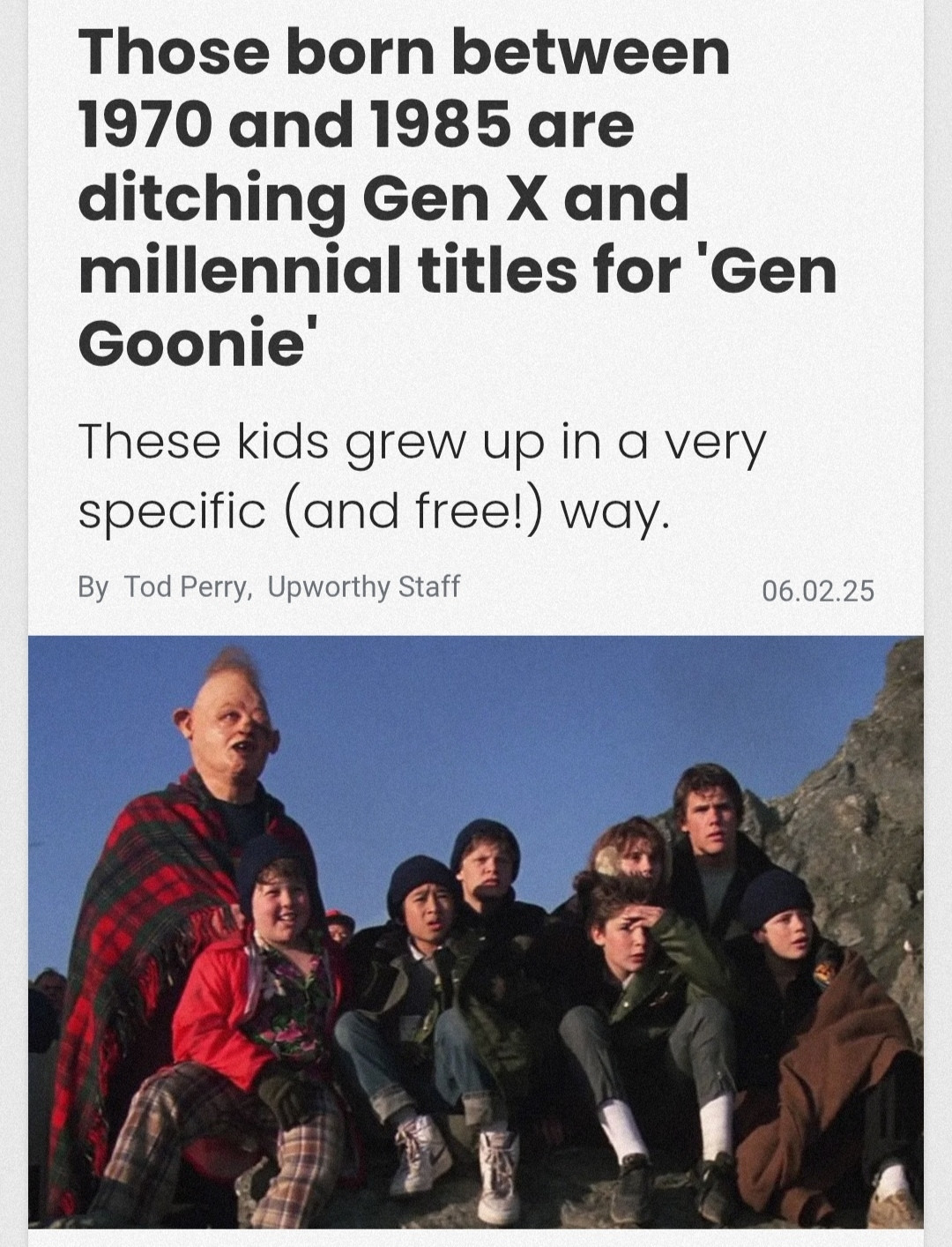 An article with the headline 'Those Bron between 1970 and 1985 are ditching Gen X and millennial titles for 'Gen Goonie'