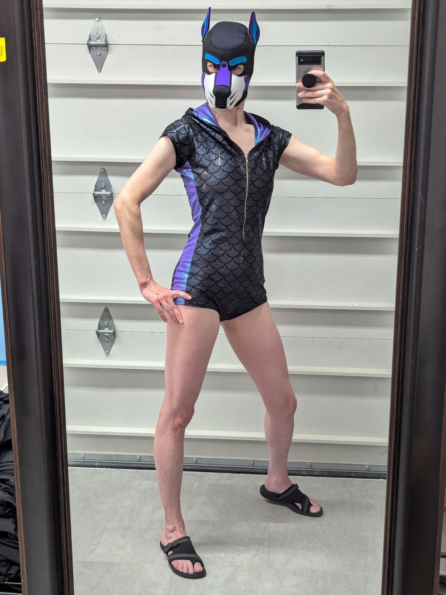 Mirror selfie: dragonscale spandex romper with puphood