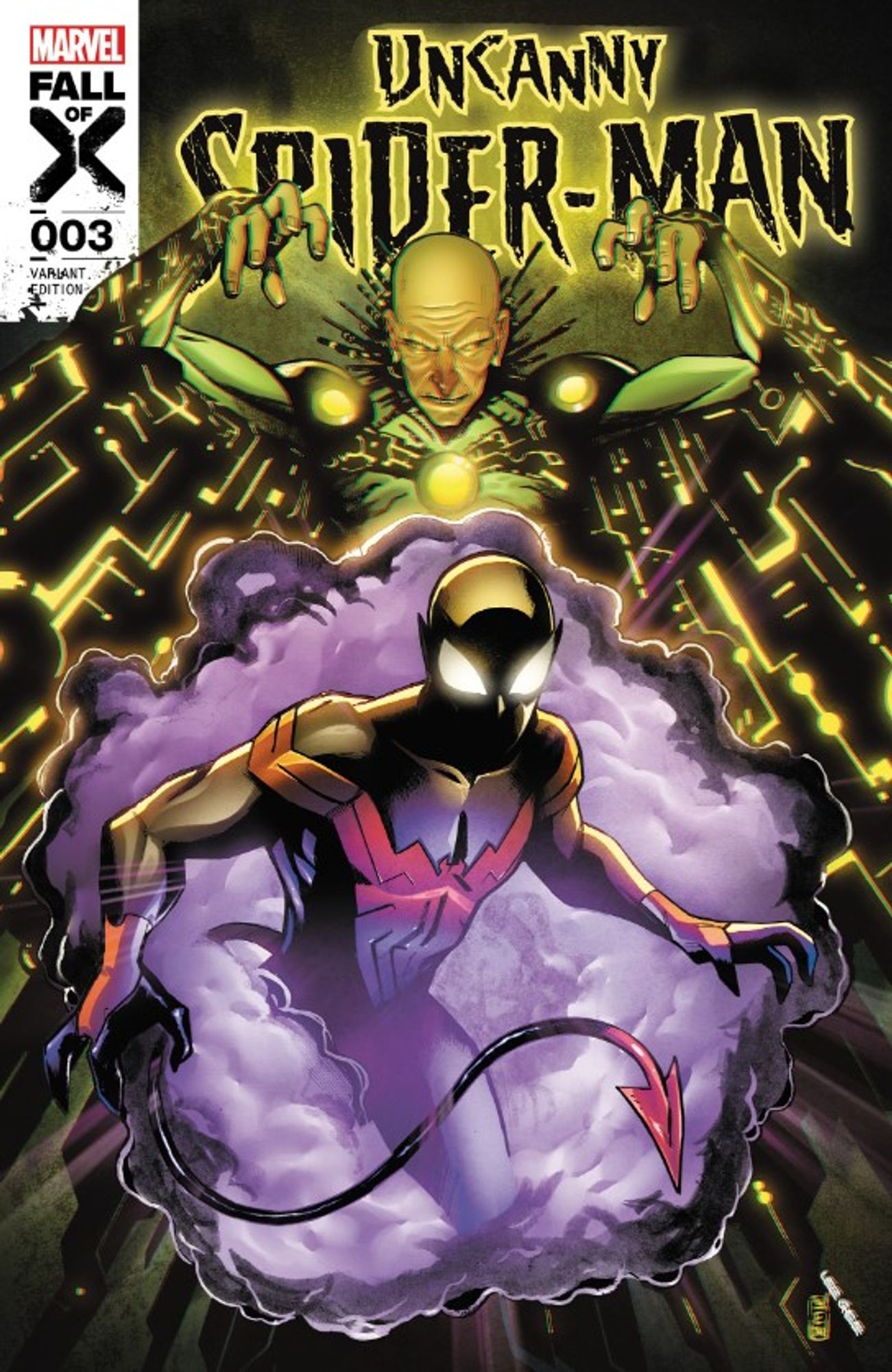 the alternate cover to the Uncanny Spider man issue 3 comic book features Spider-Man (Kurt Wagner) in a purple BAMF cloud as the villain The Culture looms overhead.