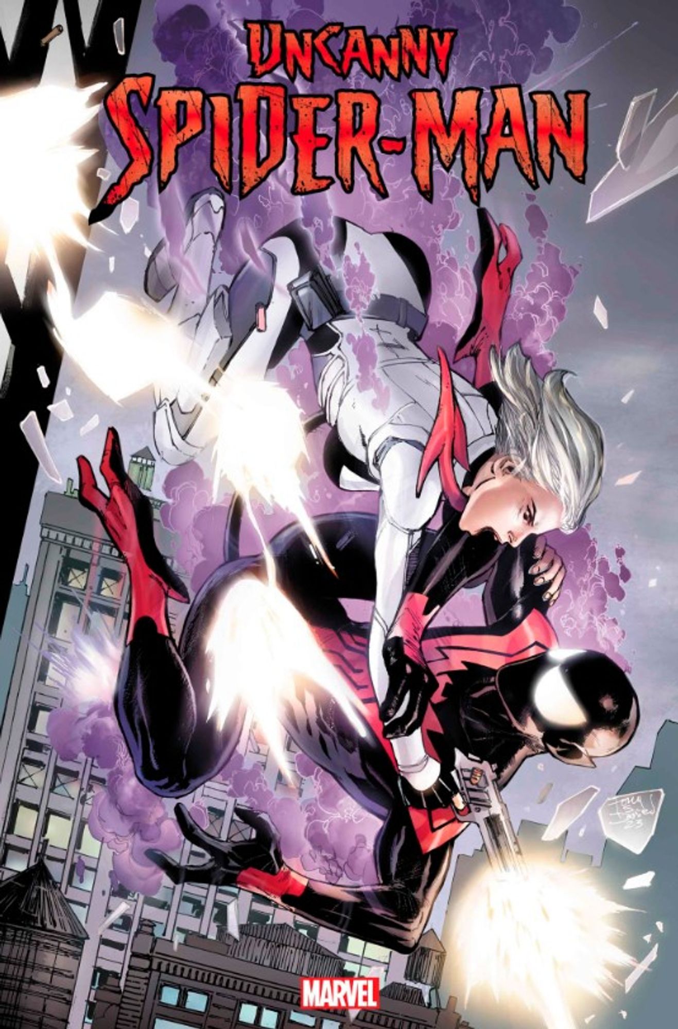 The cover to the Uncanny Spider-Man comic book issue 3 features Silver Fox in a white costume tackling Spider-Man (Kurt Wagner) in a black costume out the window of a building