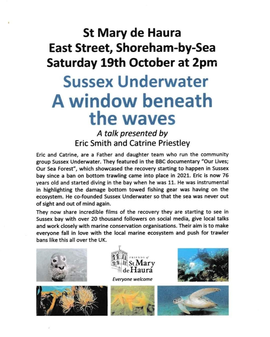 This flyer advertises a talk by Sussex Underwater in Shoreham on 19 October at 2pm