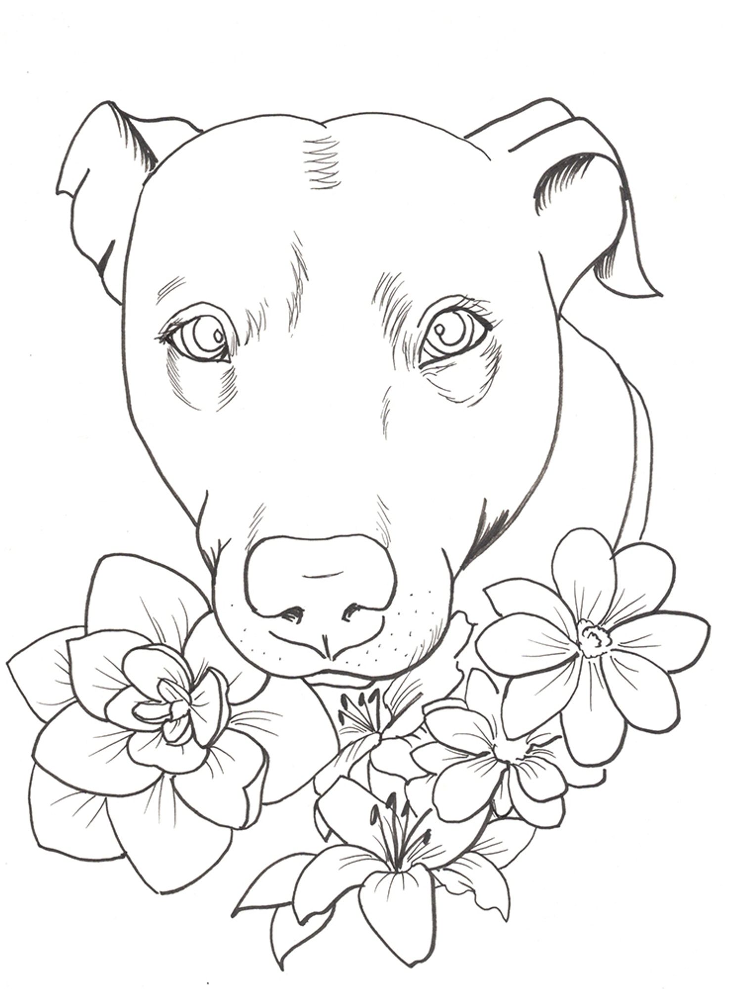 Stark lineart of a dog staring directly at the viewer. Her ears are pulled back. A row of flowers are drawn under her chin.