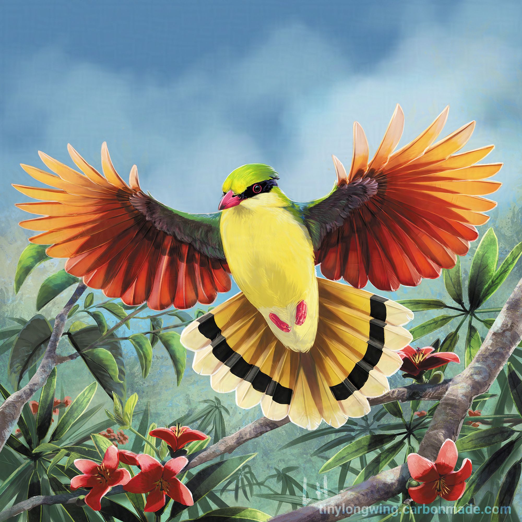 Illustration of an Indochinese Green-Magpie with its wings spread as it lands in a thicket of tropical foliage and flowers, all under a bright blue sky with a few soft clouds. This bird is brilliantly colored with a bright green crested head, black mask, red-orange wings, and fanned yellow tail with a black bar.