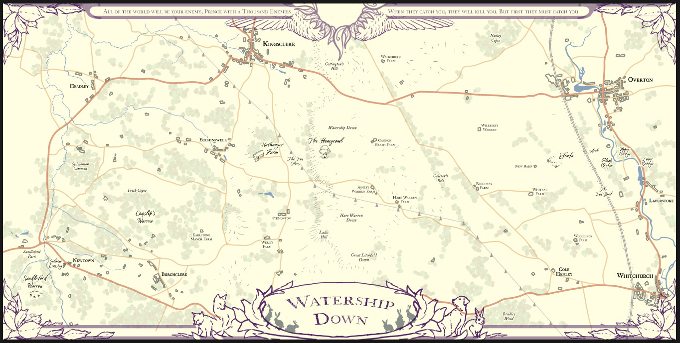 A rough sketch for a map of Watership Down, made referencing the book, graphic novel, and Ordnance Survey maps from the time