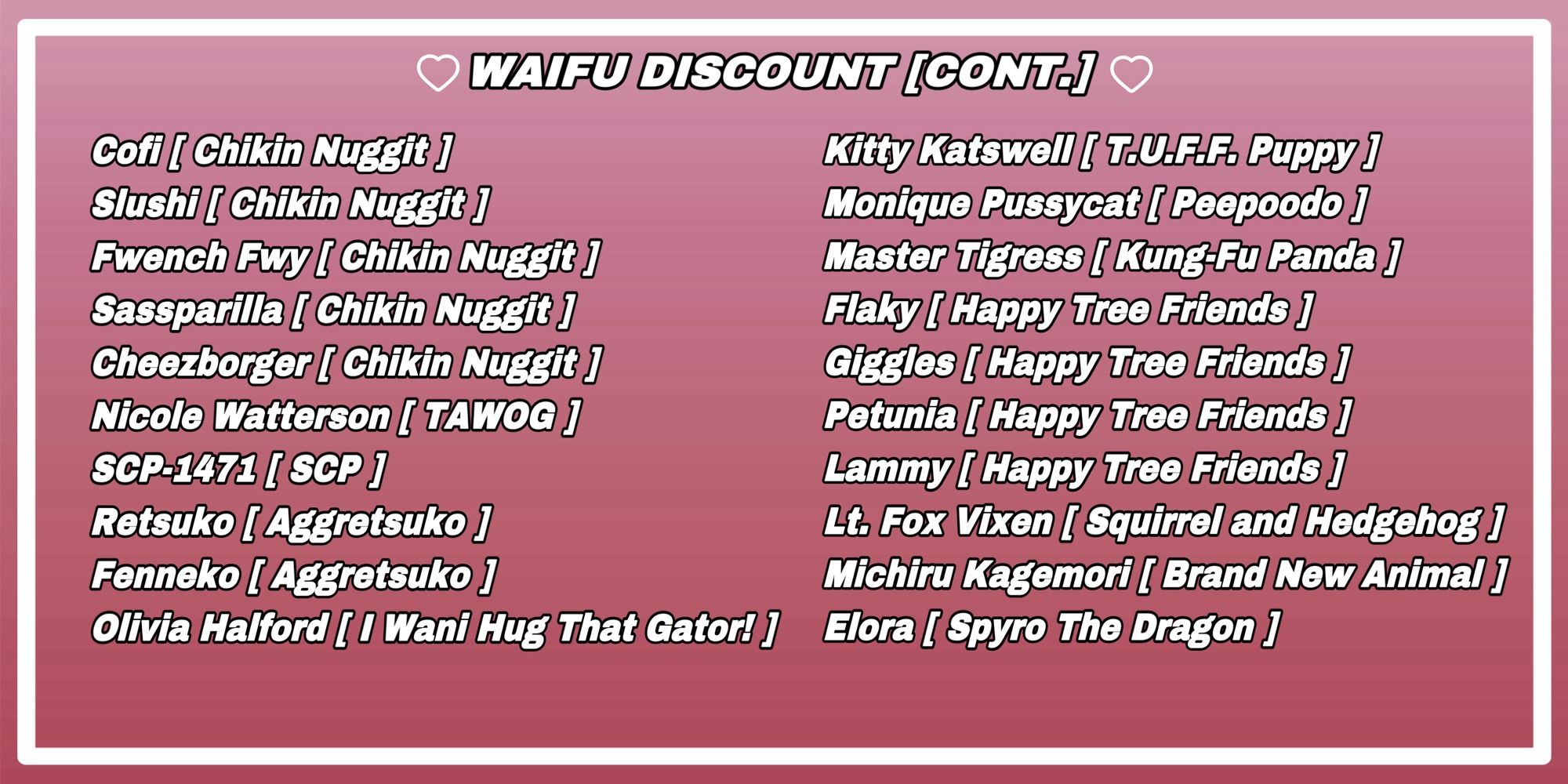 WAIFU DISCOUNT [CONT]

Cofi [ Chikin Nuggit ]
Kitty Katswell [ T.U.F.F. Puppy ]
Slushi [ Chikin Nuggit ]
Monique Pussycat [ Peepoodo ]
Fwench Fwy [ Chikin Nuggit ]
Master Tigress [ Kung-Fu Panda ]
Sassparilla [ Chikin Nuggit ]
Flaky [ Happy Tree Friends ]
Cheezborger [ Chikin Nuggit ]
Giggles [ Happy Tree Friends ]
Nicole Watterson [ TAWOG ]
Potunia [ Happy Tree Friends ]
SCP-1472 [ SCP ]
Lammy [ Happy Tree Friends ]
Retsuko [ Aggretsuko ]
Lt. Fox Vixen [ Squirrel and Hedgehog ]
Fenneko [ Aggretsuko ]
Michiru Kagemori [ Brand New Animal ]
Olivia Halford [ l Wani Hug That Gator! ]
Elora [ Spyro The Dragon ]