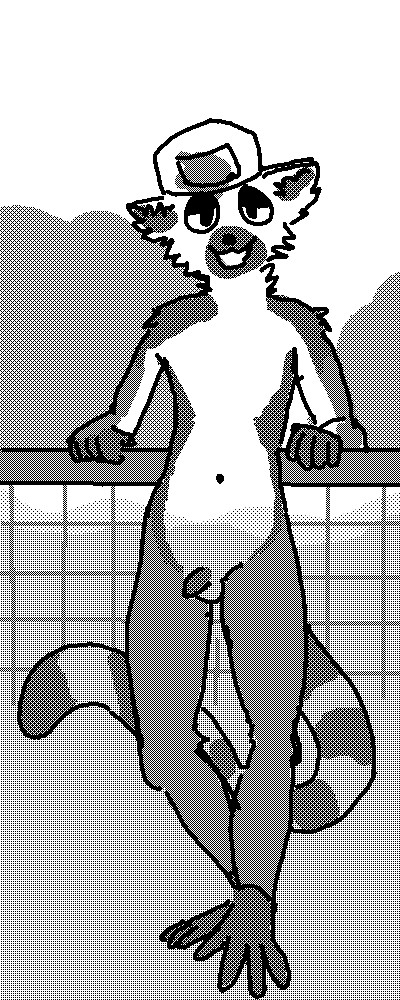 An anthropomorphic lemur standing nude in a swimming pool.