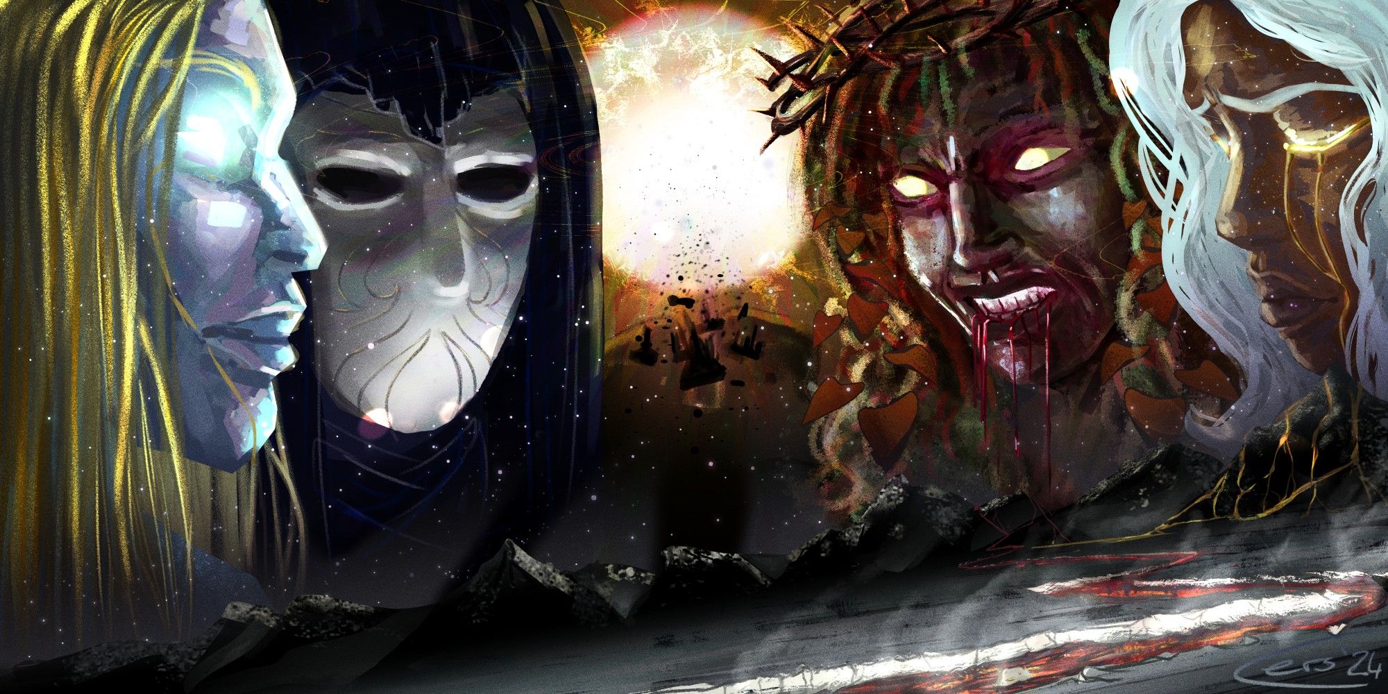 four massive faces dominate the picture. A blue-skinned, long-blond haired figure on the left, behind them is a white-masked, black-hooded figure, in the back centre is a burning sun over a silhouette of armour. A snarling nature-haired woman is on the mid-right, a crown of thorns on her head. Blood drips from her mouth. To the far right is a silver-haired, brown-skinned woman crying golden tears. They all look to the centre of the canvas where a small arcane city hurtles towards an arctic waste over mountains. cutting through the ice is a winding river of lava made of golden tears and blood.