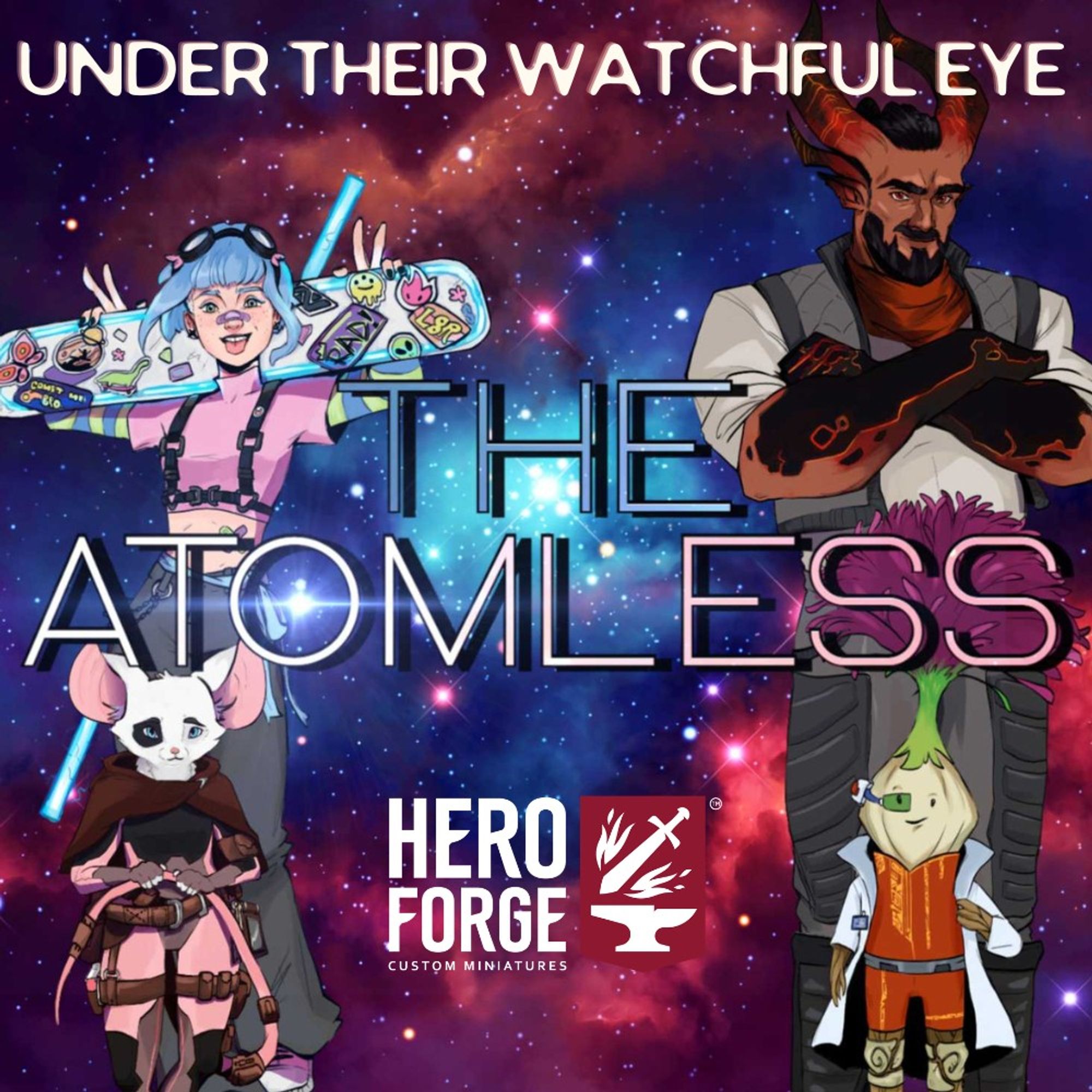 Outer space with purple, pink, and blue hues in the background. In the foreground is the illustrated portraits of four fantasy characters standing in a group. Azhaam, a tall, brown-skinned, horned man with cracks of red lava along portions of his skin and horns, wearing a grey armored vest over a white t-shirt, and grey armored pants. Skye, a white teenage human girl with sky blue hair, a mechanics goggles, and a skateboard adorned with stickers held over her shoulders. Ayg, a bipedal white-furred rat with one patch of black fur around her right eye, wearing skin-tight pink armor, a maroon hooded cloak, holding her tail in her hands. Theriac, a bipedal garlic plant with a large purple flowering coming from the top of their head, wearing burnt orange armor under a white lab coat, and a smart glass over one eye.