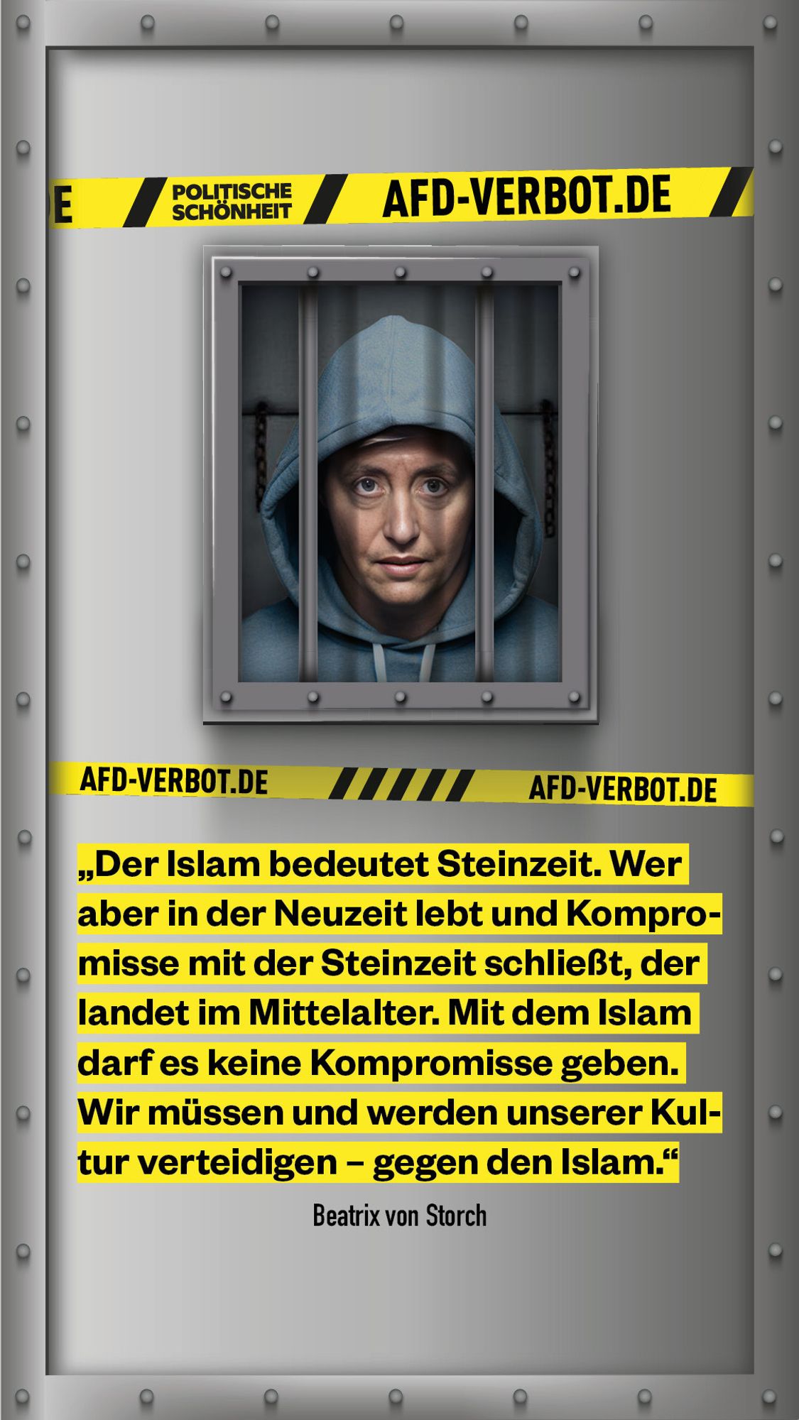 afd-verbot.de: Handakte von Beatrix von Storch: „Der Islam bedeutet Steinzeit. Wer aber in der Neuzeit lebt und Kompromisse mit der Steinzeit schließt, der landet im Mittelalter. Mit dem Islam darf es keine Kompromisse geben. Wir müssen und werden unserer Kultur verteidigen – gegen den Islam.“