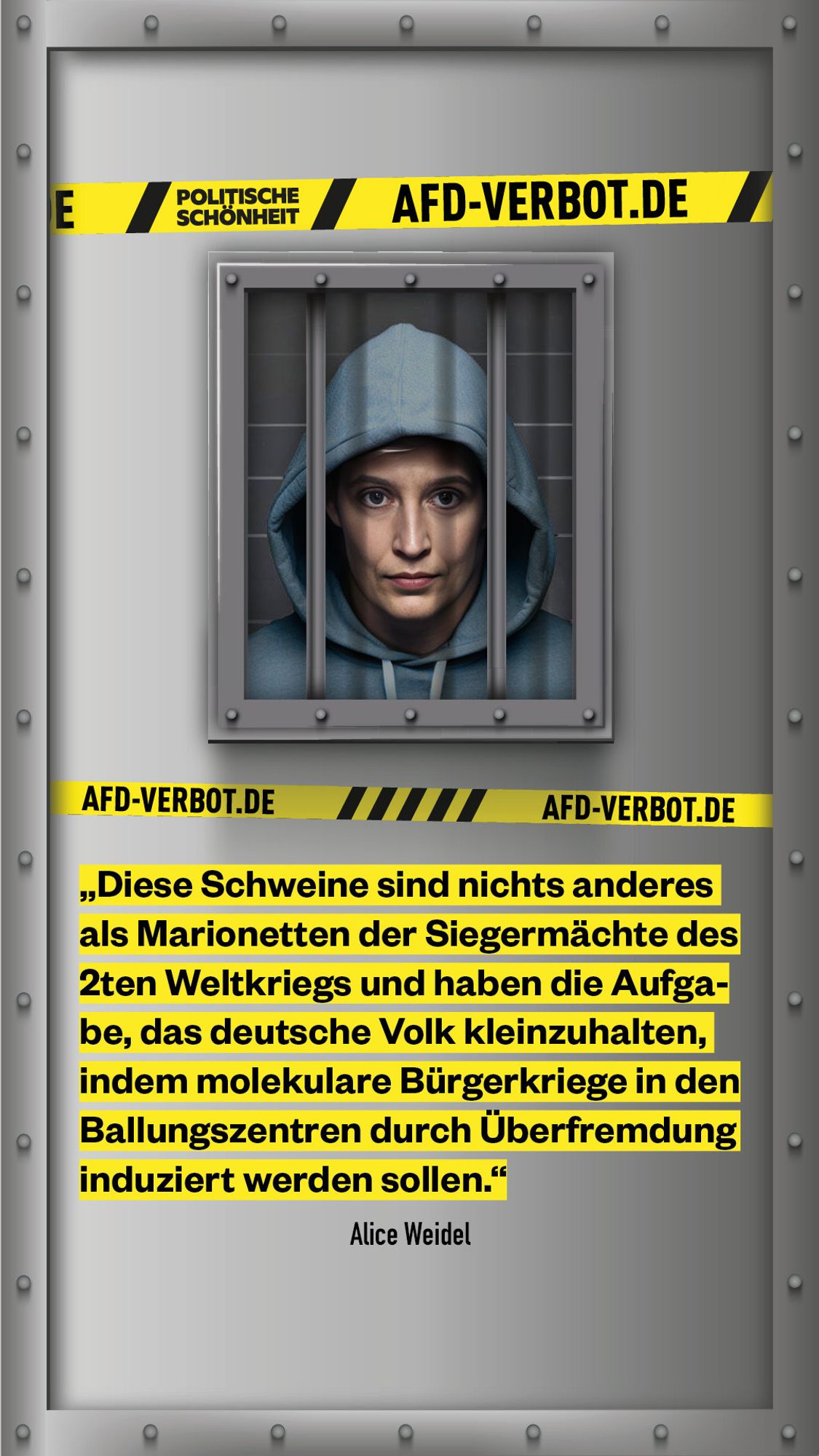 afd-verbot.de: Handakte von Alice Weidel: „Diese Schweine sind nichts anderes als Marionetten der Siegermächte des 2ten Weltkriegs und haben die Aufgabe, das deutsche Volk kleinzuhalten, indem molekulare Bürgerkriege in den Ballungszentren durch Überfremdung induziert werden sollen.“