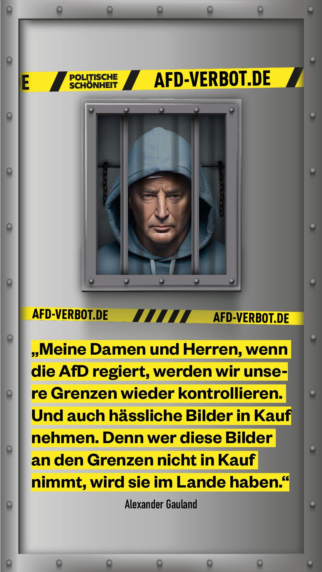 afd-verbot.de: Handakte von Alexander Gauland: „Meine Damen und Herren, wenn die AfD regiert, werden wir unsere Grenzen wieder kontrollieren. Und auch hässliche Bilder in Kauf nehmen. Denn wer diese Bilder an den Grenzen nicht in Kauf nimmt, wird sie im Lande haben.“