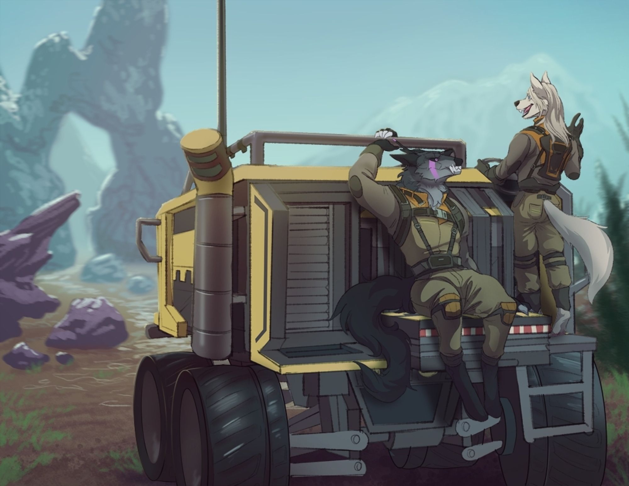 Two anthros riding a tractor like machine through an alien landscape.