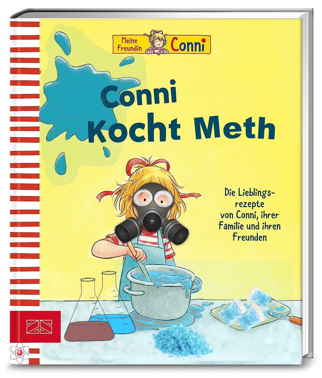 Conni Buch - Titel : Conni kocht Meth 

Conni mit Gasmaske rührt in einem Topf mit blauer Flüssigkeit, der auf einem Tisch steht. Rechts daneben ein Tablett mit blauen Päckchen und einem Messer. Davor ein Häufchen mit blauem Granulat. Links zwei gläser mit blauer und brauner Flüssigkeit.