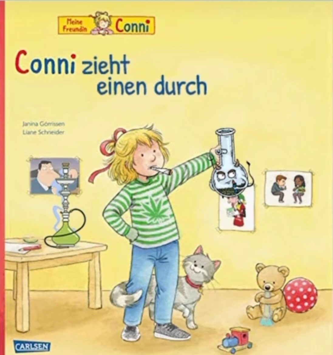 Conni Buch : Conni zieht einen durch 

Conni mit grün weißem Pullover auf dem ein Hanfblatt abgebildet ist. Sie hat einen Joint im Mund und eine Bong in der Hand. Auf dem Tisch daneben stehe eine Shisha. Eine Katze an ihren Beinen.