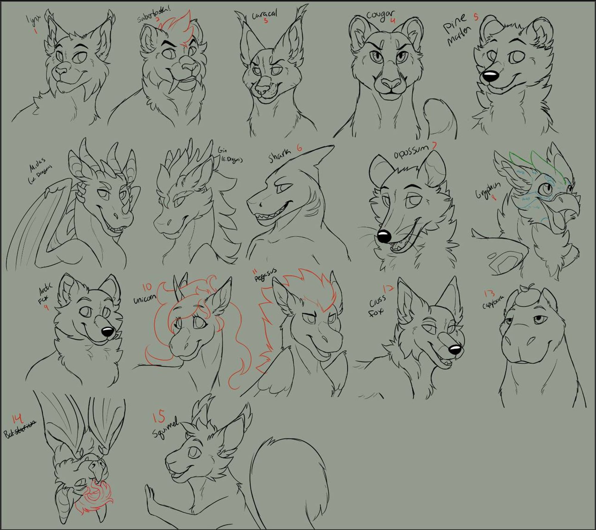 a smorgasbord of sketches of different species of animals. 

lynx, sabertooth, caracal, cougar, pine marten, Midas (Western Dragon), Gin (Eastern dragon), shark, opossum, Rinku (Gryphon), arctic fox, unicorn, pegasus, crossfox, capybara (with an orange on their head), bat (which is definitely NOT Batstarion, what ;3), and red squirrel. 🦊🎨