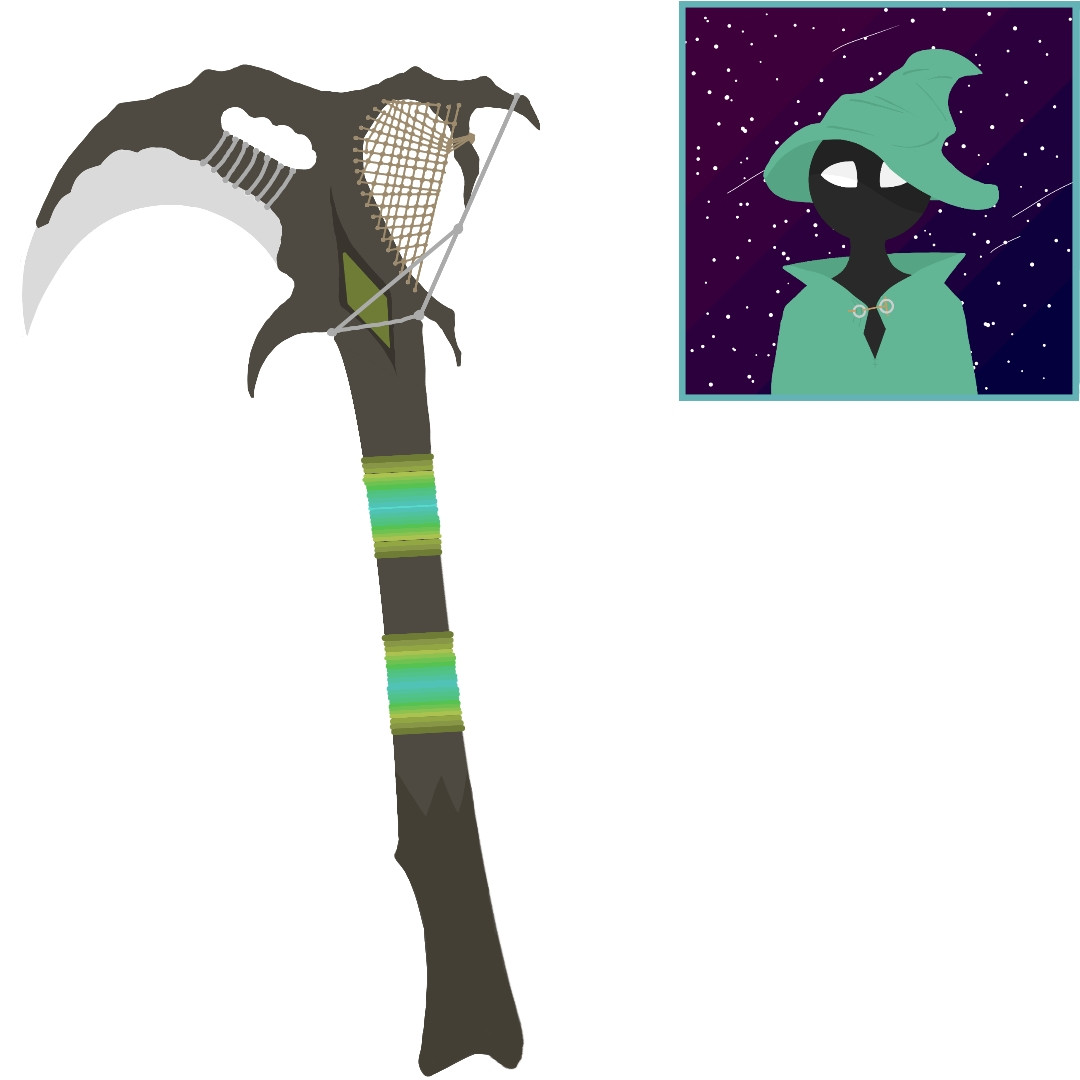 The previous photo is now featured in the upper right corner as a reference. A staff is the center piece of this new picture. 
Brown primarily in color, bands of green-blue-yellow thread cover the middle portion of the staff where it can be gripped with two hands. The head of the staff spreads out similarly to a scythe, but on top of where the blade would normally rest is a handle for a hand. Beneath that is curved blade. Beneath the blade is a small curved hook. 
On the opposite side of this is a curved branching off, where the wizard has threaded netting through the staff, making it multipurpose. Metal cordage is also threaded throughout the structure for keeping the integrity, and for loosely keeping a green gem socketed within the center of the staff.

This is a tool meant to carry them, meant to cut, meant to hook onto things, and meant to scoop things up or filter them depending on which part of the staff they use. Magic as a focus seems to come to them as a second thought. 