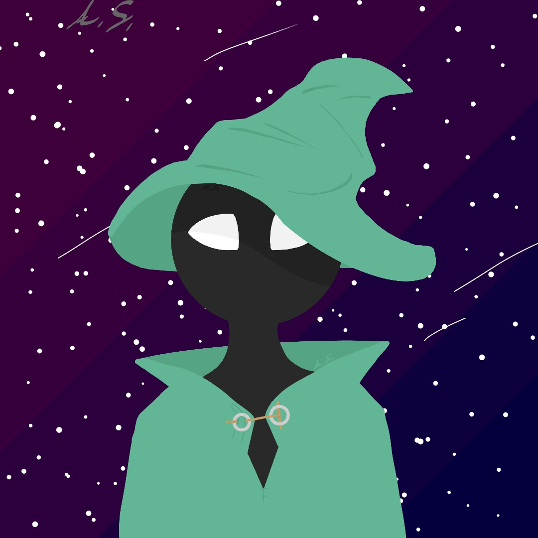 A pure black humanoid figure with pure white eyes, lacking pupils. They wear a light green cloak on and a light green wrinkled pointed wizard's hat on their head, two circular metal pieces attached to the cloth and a piece of wood keep it loosely tied together. The backdrop is a night sky of various purple-blue shades and stars, some of them streaking across the sky. They stare straight ahead at the viewer. The artist signature, an A and S in gray cursive, is in the upper left corner.