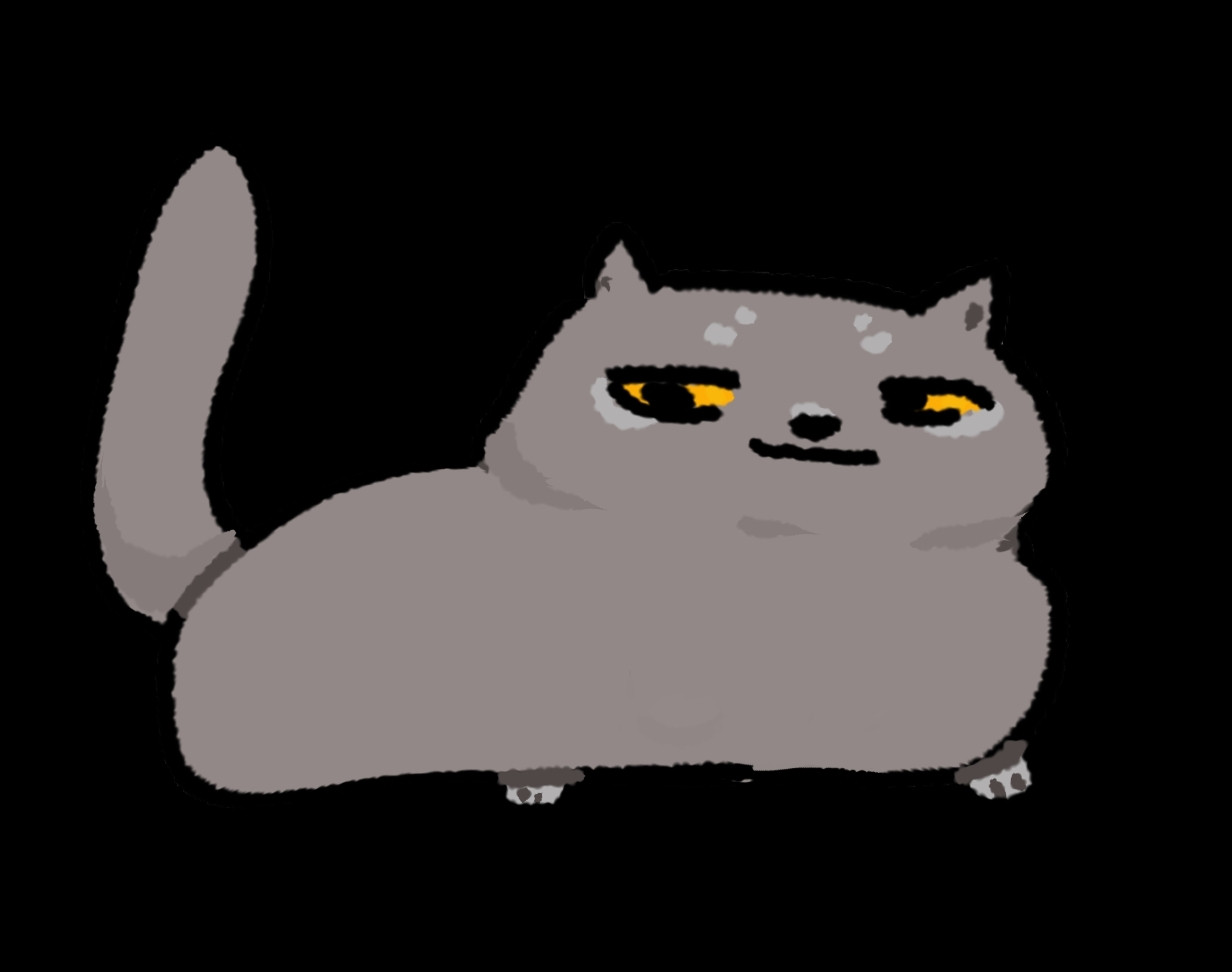 A coloured transparent png of the grey cat. His neck is fat.