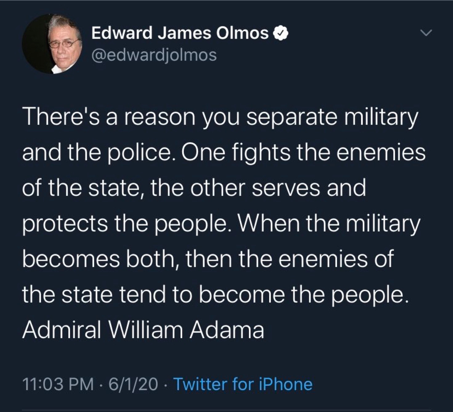 Quote about separating the military and the police. 