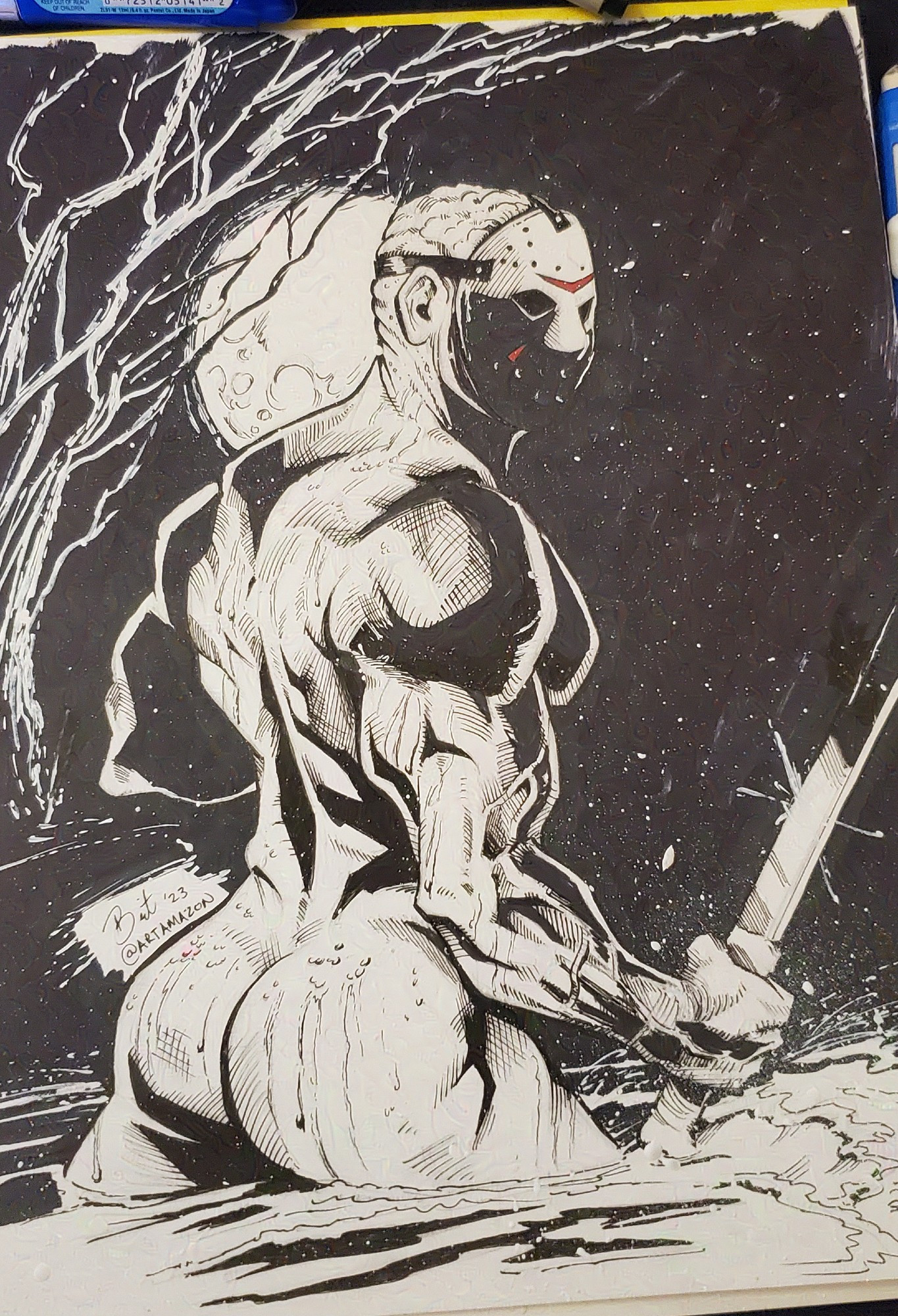 Ink drawing of Jason Voorhees in butt deep water, booty hangin out all dripping with lake water