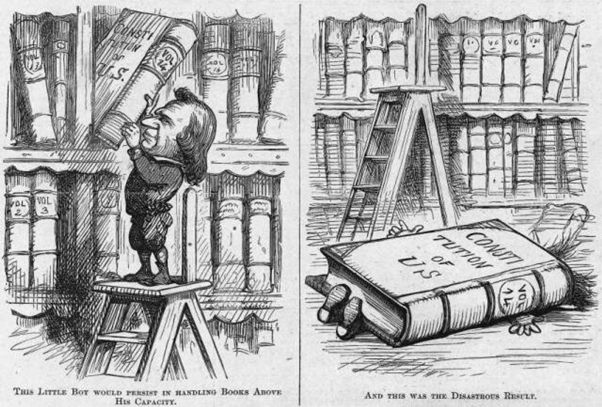 Political cartoon of Andrew Johnson being crushed by the Constitution, a book "above his capacity."