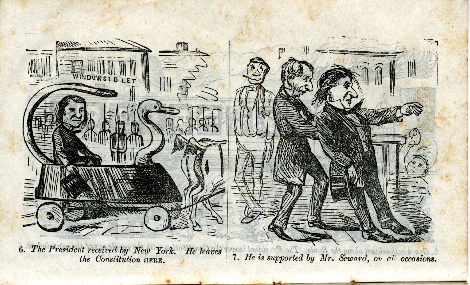 President Andrew Johnson rides in a swan car in the left frame and is drunk, propped up by Secretary of State Seward in the right panel.