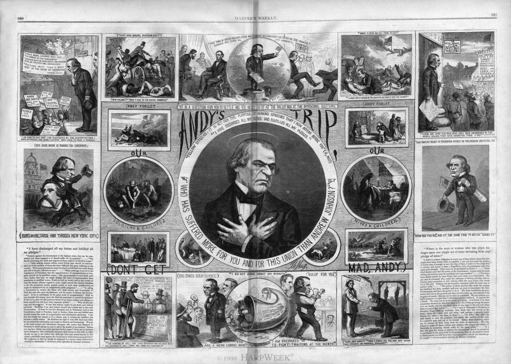 Political cartoon of Johnson as a martyr surrounded by scenes depicting his penchant for self-aggrandizement alongside examples of his betrayal of Union veterans and Black Americans.