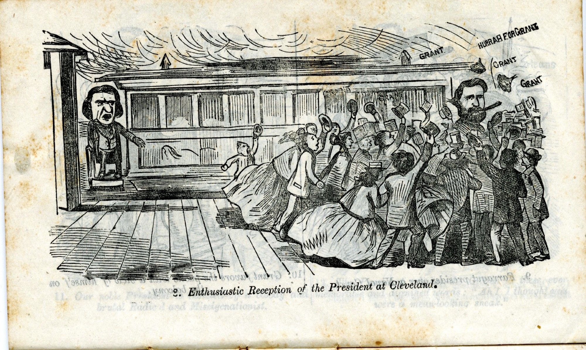 Johnson angrily waves in a political cartoon as a crowd gathers around General U.S. Grant. The caption suggests that Grant should be president rather than Johnson.