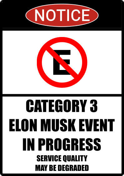 Meme image. Notice: Category 3 Elon Musk Event In Progress, service quality may be degraded.