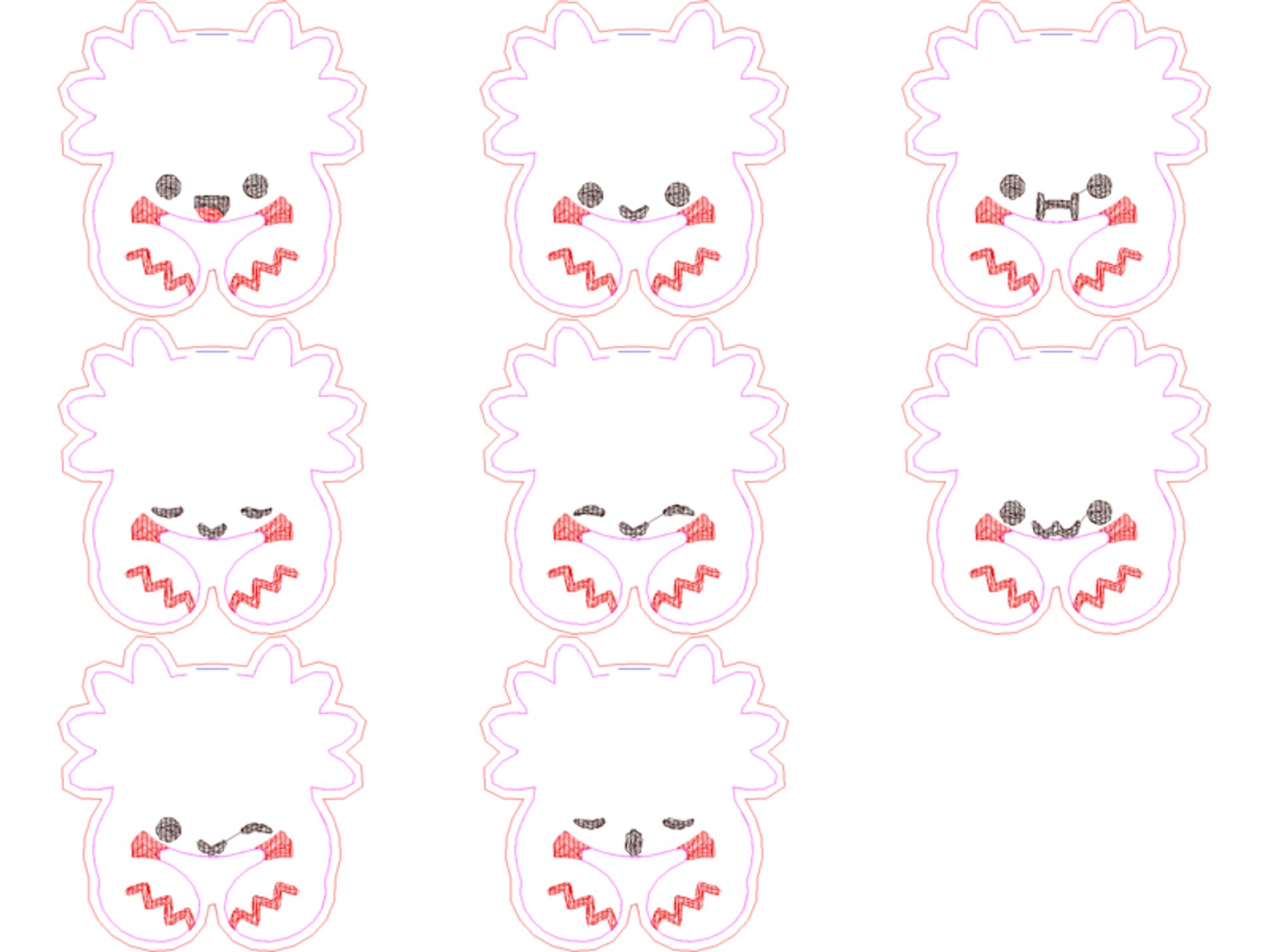 The machine embroidery software preview of eight different kawaii faces on a simple little crab plushie.