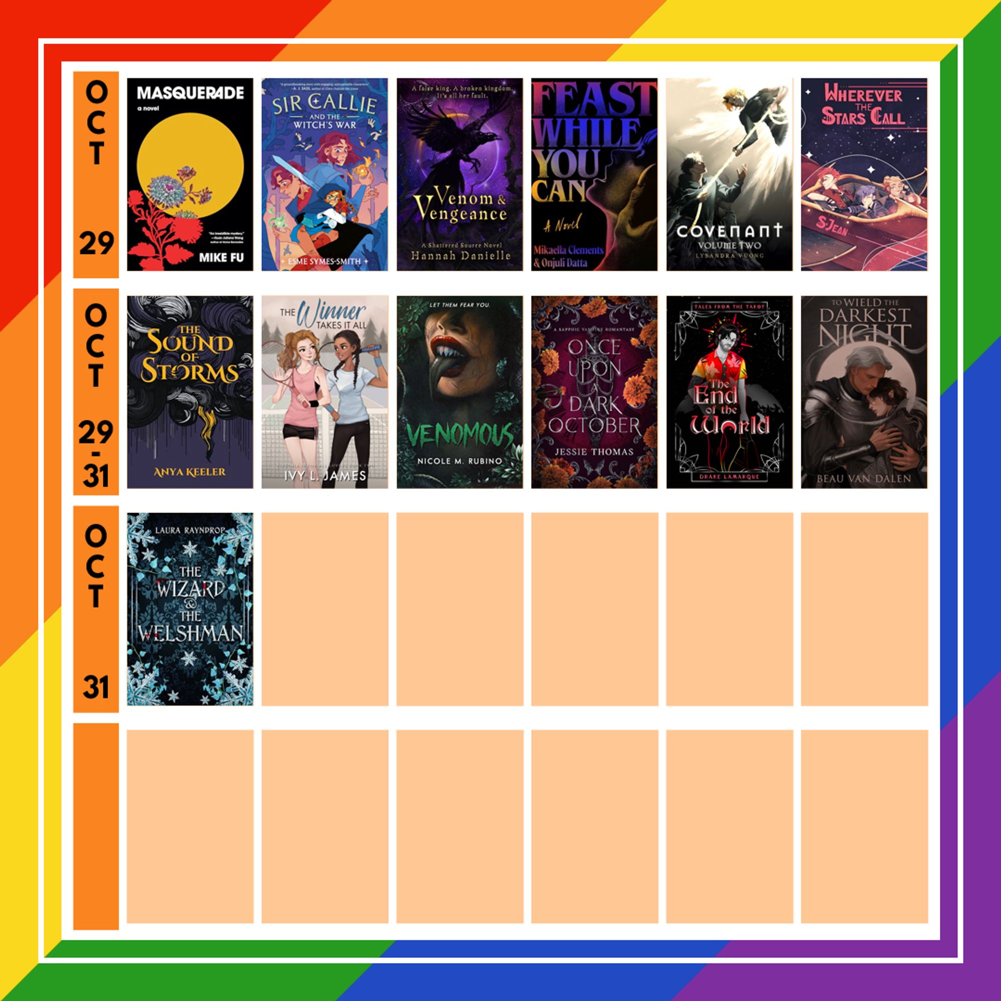 Background is made up of a diagonal oriented 6-stripe rainbow for each slide. A white grid outline with a column on the left that has the release date in black over an orange rectangle and book covers in four rows of 6 book covers each. 13 book covers are displayed while the rest of the stops are pale orange rectangles.