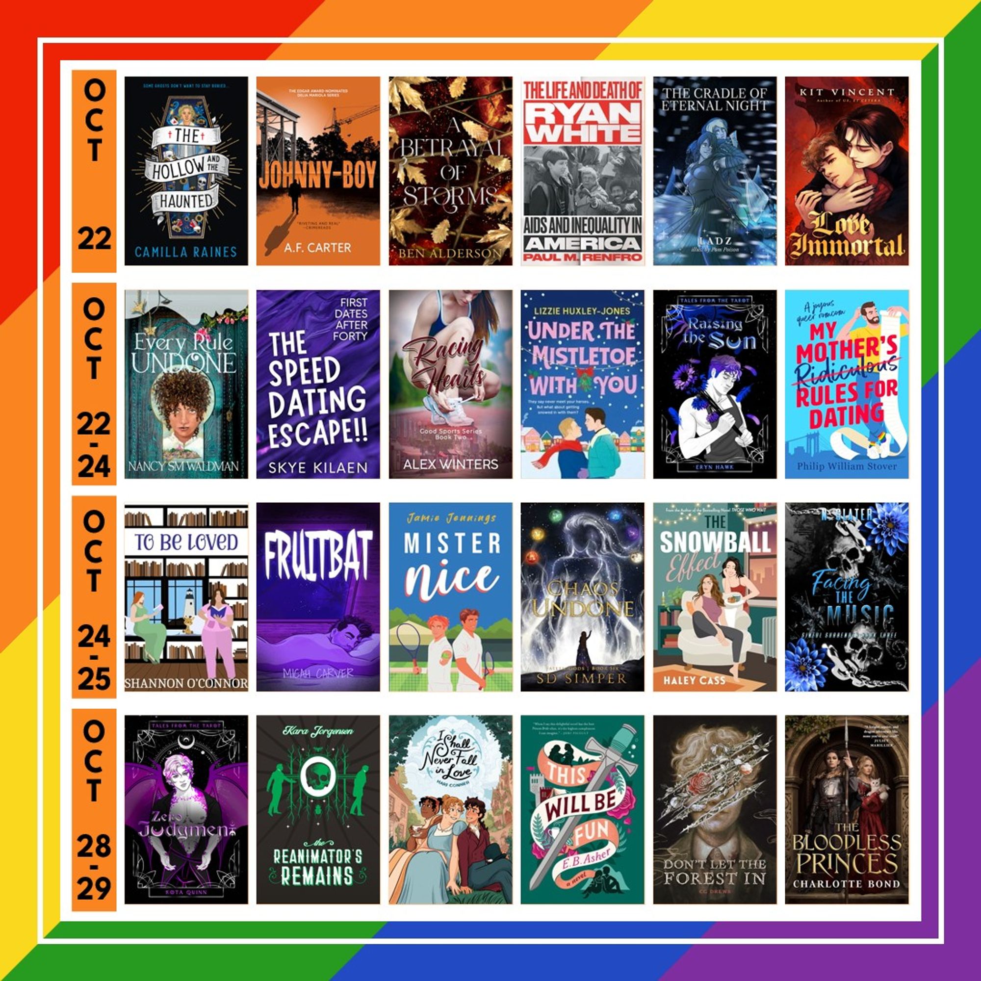 Background is made up of a diagonal oriented 6-stripe rainbow for each slide. A white grid outline with a column on the left that has the release date in black over an orange rectangle and book covers in four rows of 6 book covers each.