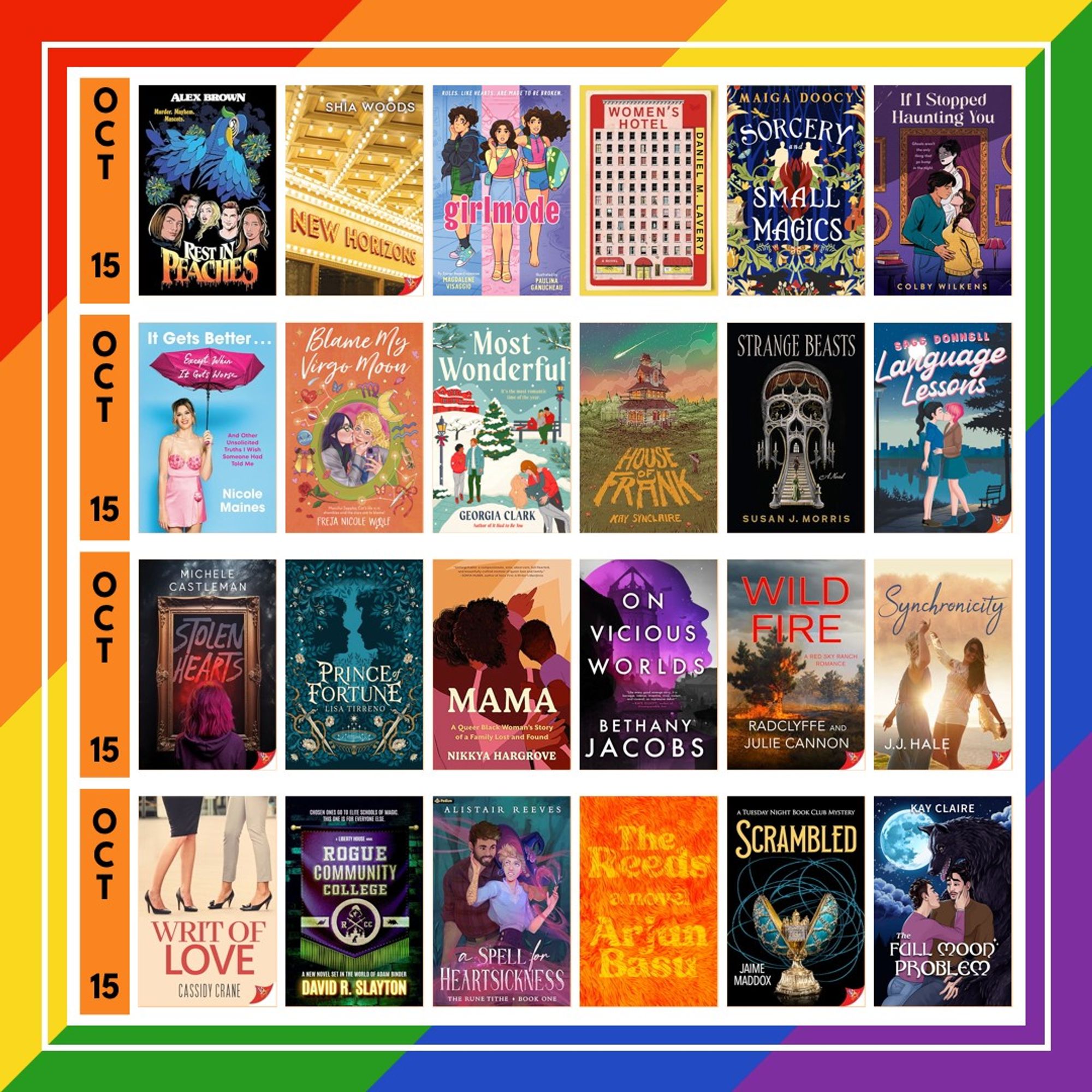 Background is made up of a diagonal oriented 6-stripe rainbow for each slide. A white grid outline with a column on the left that has the release date in black over an orange rectangle and book covers in four rows of 6 book covers each.