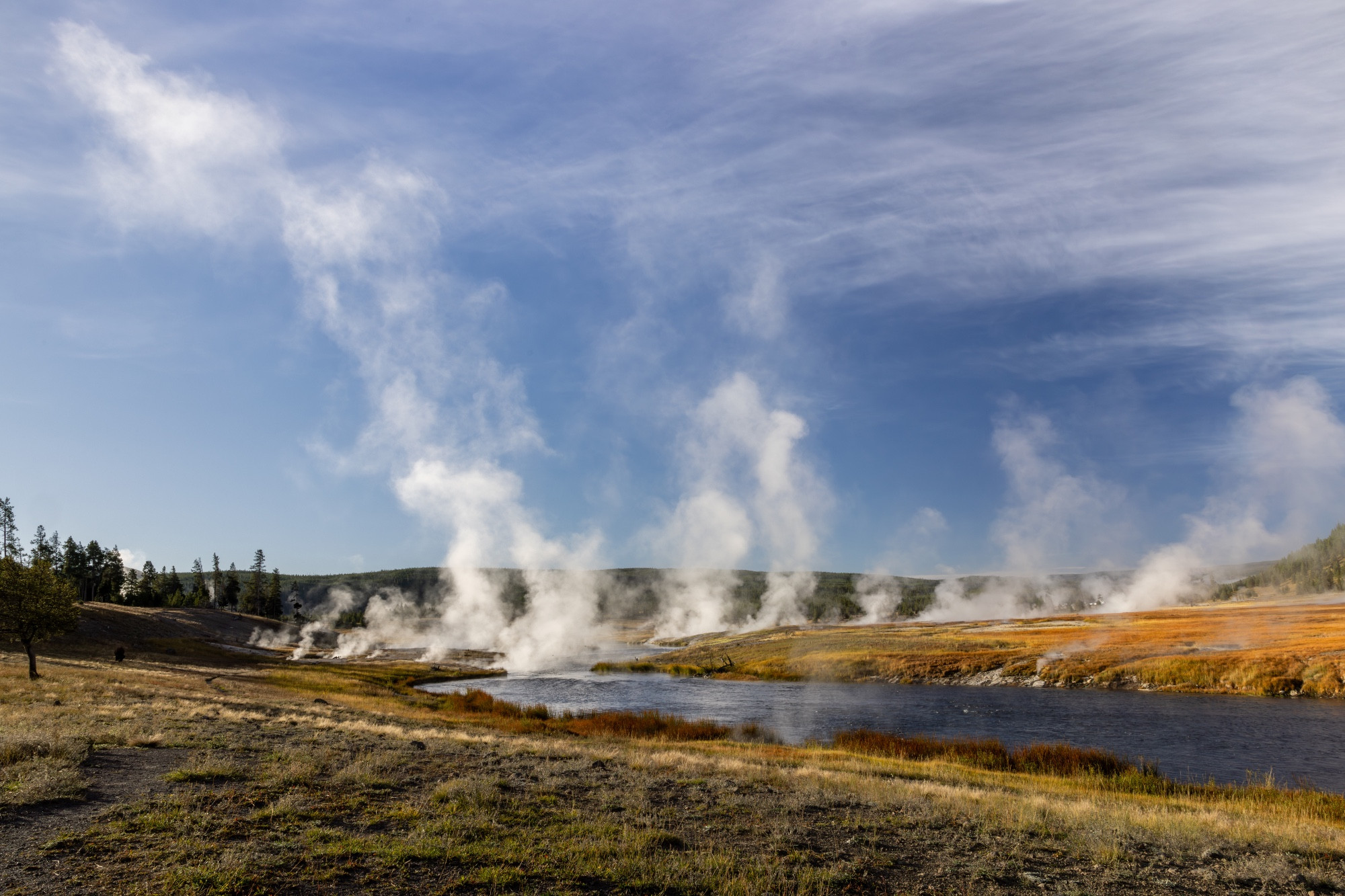 Steam vents from various hot springs early in the morning. A stream cuts through the landscape in the foreground.