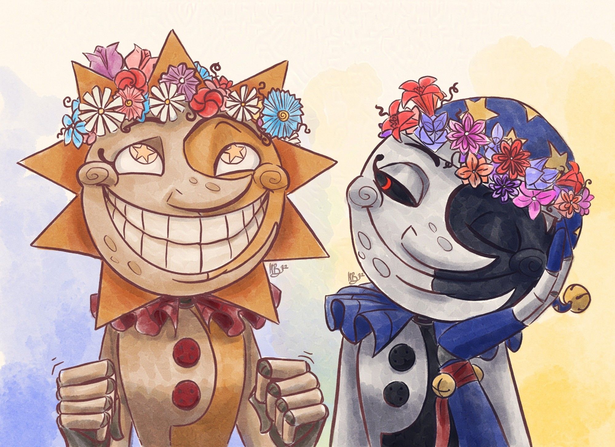 Sun and Moon have received paper flowers courtesy of the children in the daycare. The two character are please with the situation especially Sun while Moon watches him content.