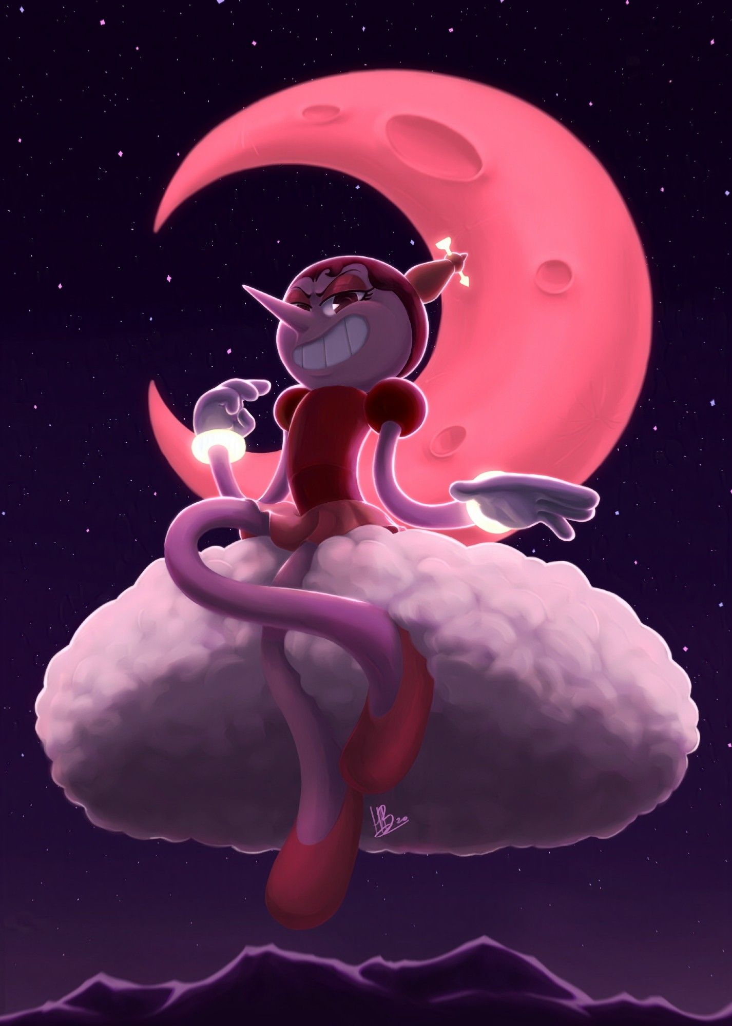 The character Hilda Berg is perched on a cloud leering down at the viewer. She strikes a pose as her silhouette is highlighted by the moon and dark starry sky.