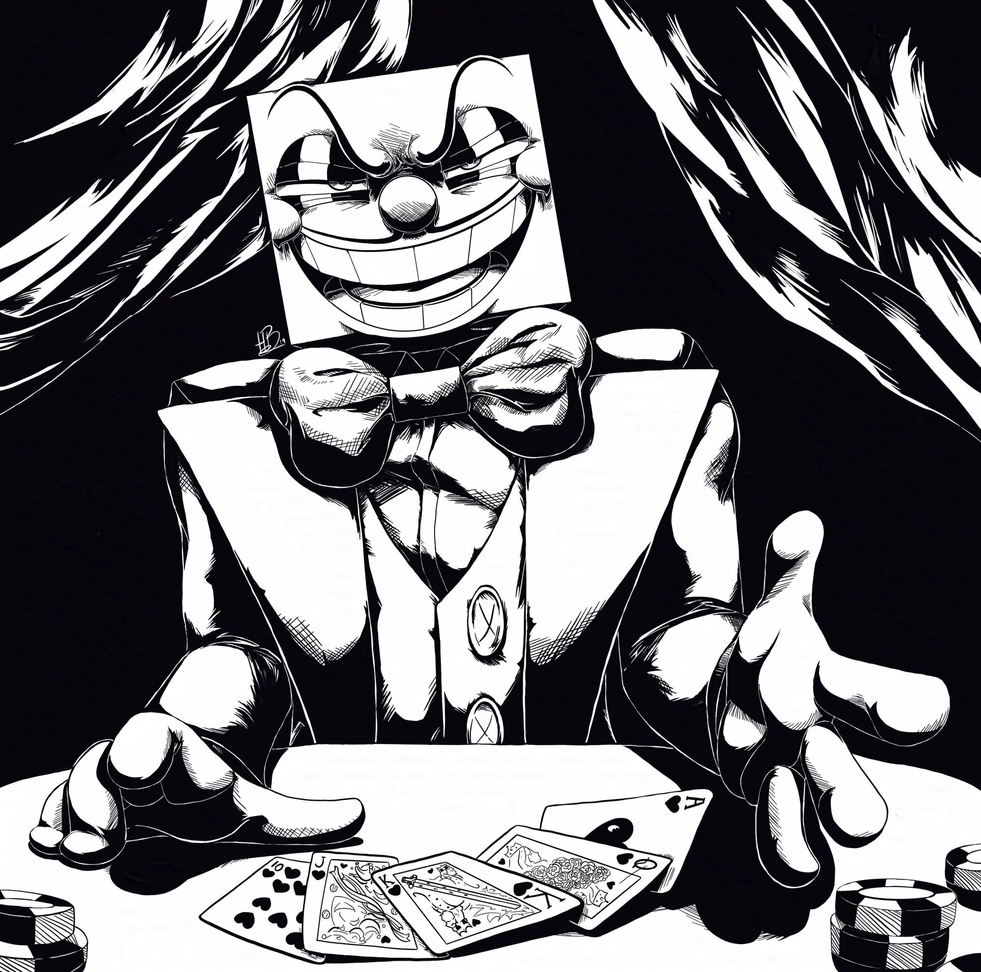 King Dice laughs at the viewer as he lays out the cards he was holding revealing a queen of hearts, a king of hearts, a joker, an ace of hearts, and 10 of hearts. A royal flush.