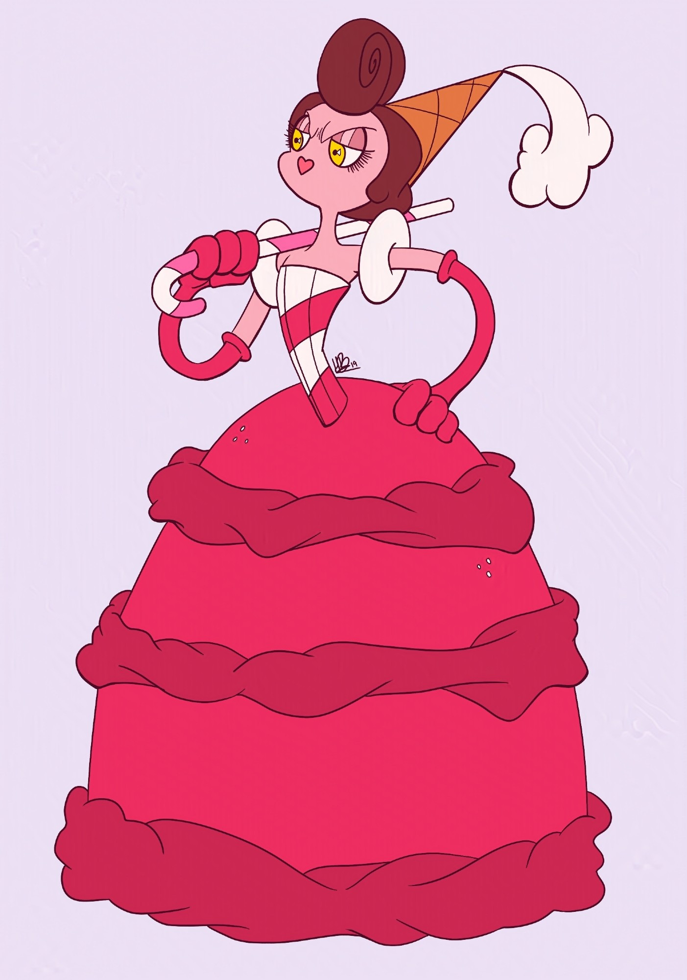 The character in this art is Baroness Von Bon Bon, a regal women themed after those barbie dress cakes. She has a fiery personality and isn't afraid to blast those who bother her with her candy cane gun.