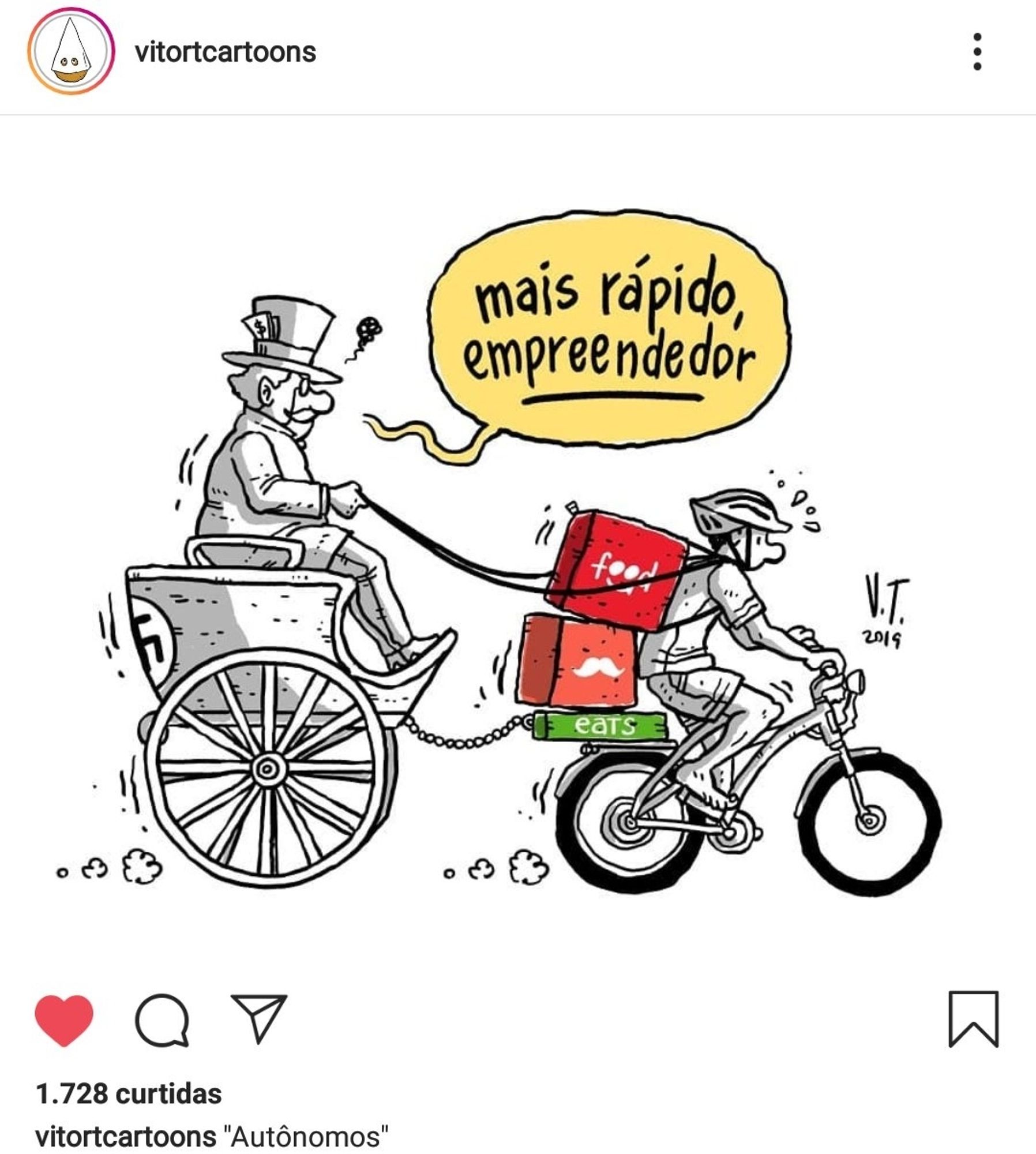 Entregador de aplicativo numa bicicleta, puxando uma carroça onde um homem de cartola dá às rédeas e diz: "mais rápido, empreendedor".