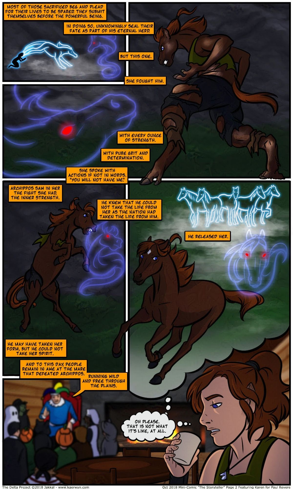 A comic page telling the story of a horse spirit who tries to change others into horses to join his herd.   It shows a woman changing into a horse, but defying the horse spirit.  it changes to a guy in a tavern telling the story.