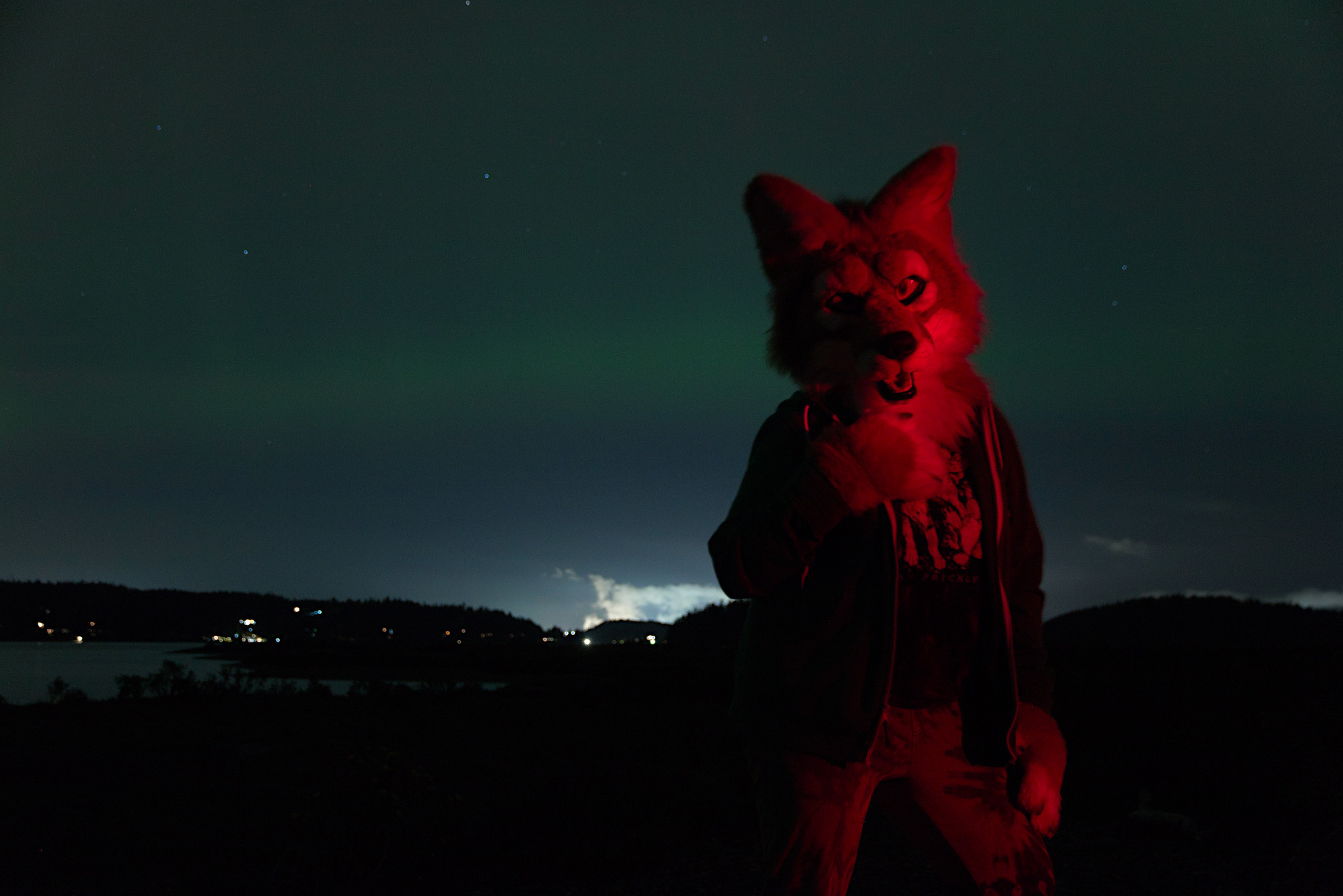 Matrices wearing fursuit coyote Chelan in dark with aurora and illuminated plumes from refineries, while herself illuminated in red light.