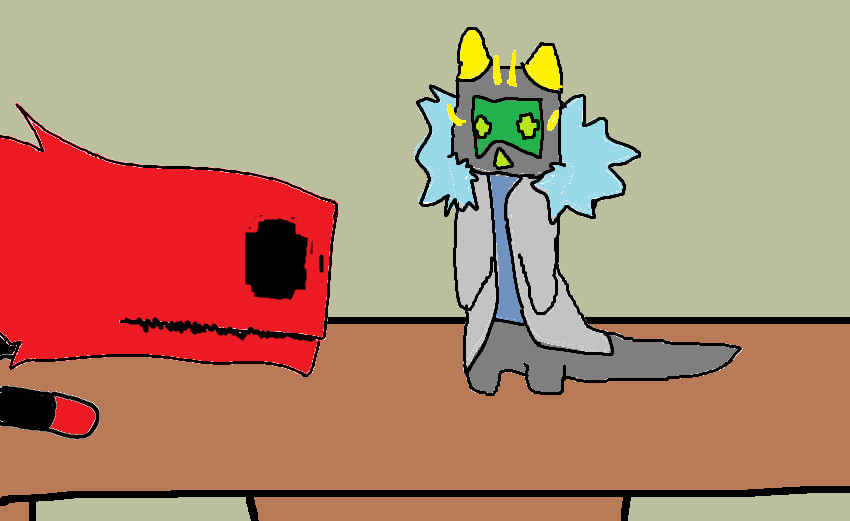 an image depicting a red lizard from rain world looking at a slugcat dressed as youniiik's stream avatar