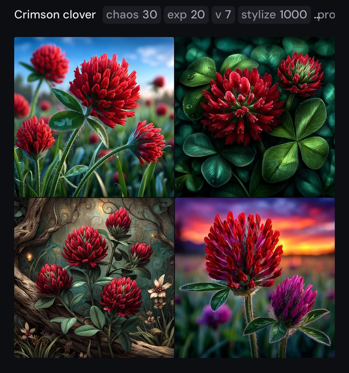 Crimson clover --chaos 30 --exp 20 --profile vlbmryz --stylize 1000