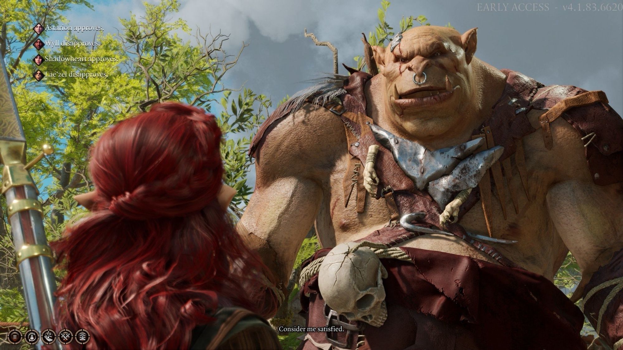 the ogre with the headband of intellect from Baldur’s Gate 3 saying he is satisfied