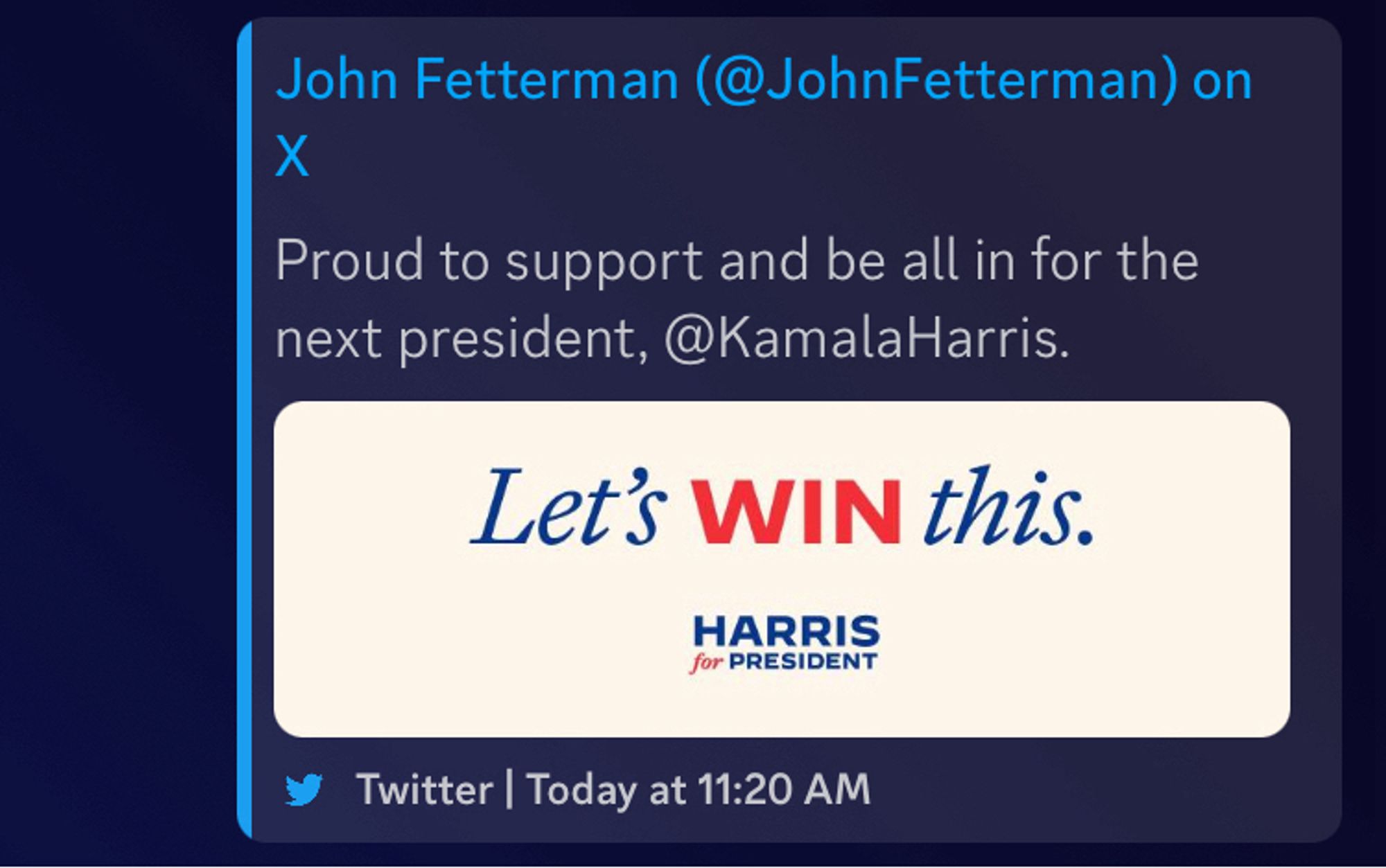 John Fetterman (@JohnFetterman) on
Proud to support and be all in for the next president, @KamalaHarris.
Let's WIN this.
HARRIS for PRESIDENT
Twitter | Today at 11:20 AM