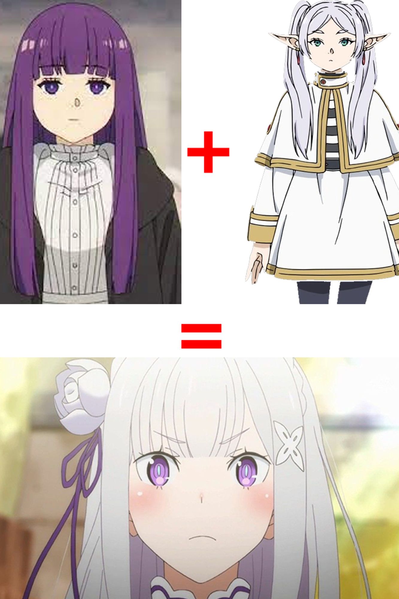 Meme que indica que a soma da personagem Fern do anime Frieren com a personagem Frieren resultariam na Emilia do anime Re:zero. A frieren and Rezero meme that implies that Emlia is a product of the animes sum, the oc of Re:zero and the ocs of Frieren are the art of Kanehito Yamada and Tappei nagatsuki. Alt in english and brazillian portuguese.