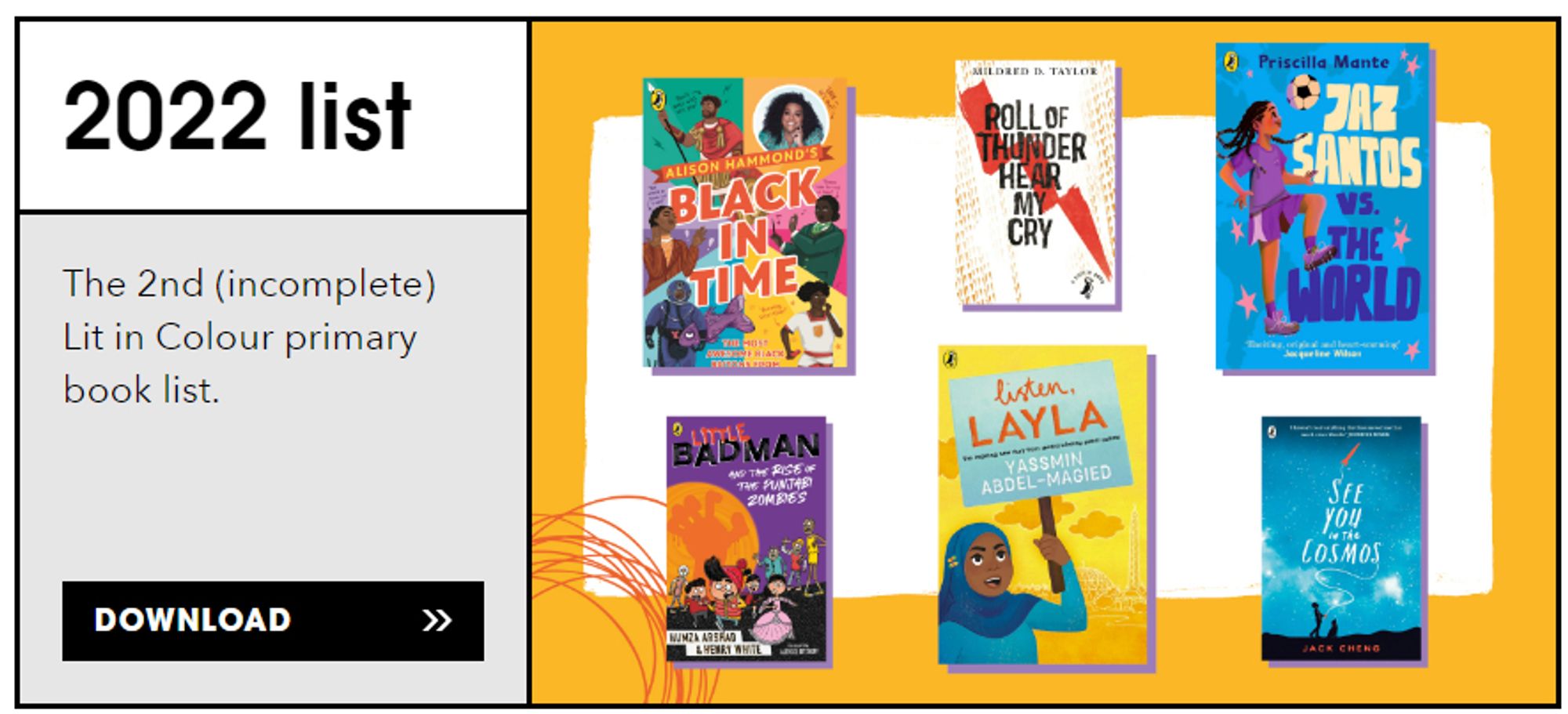 Screenshot of the link to the Lit In Colour 2022 list with cover images of 6 books for primary-aged children with protagonists of colour