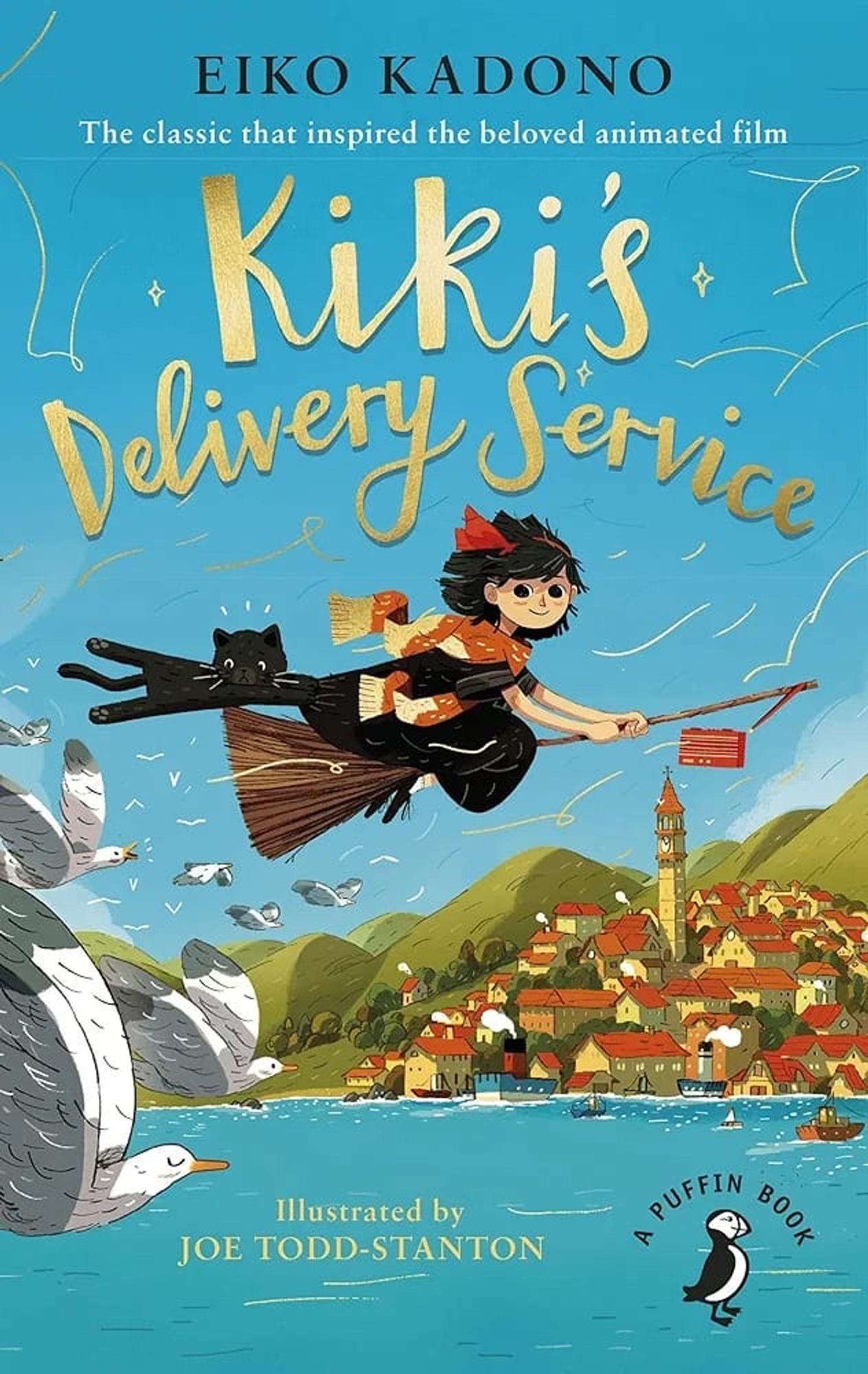 Cover image of:  Kiki's Delivery Service by Eiko Kadono, translated From Japanese by Emily Balistrieri, illustrated by Joe Todd-Stanton. Puffin Books