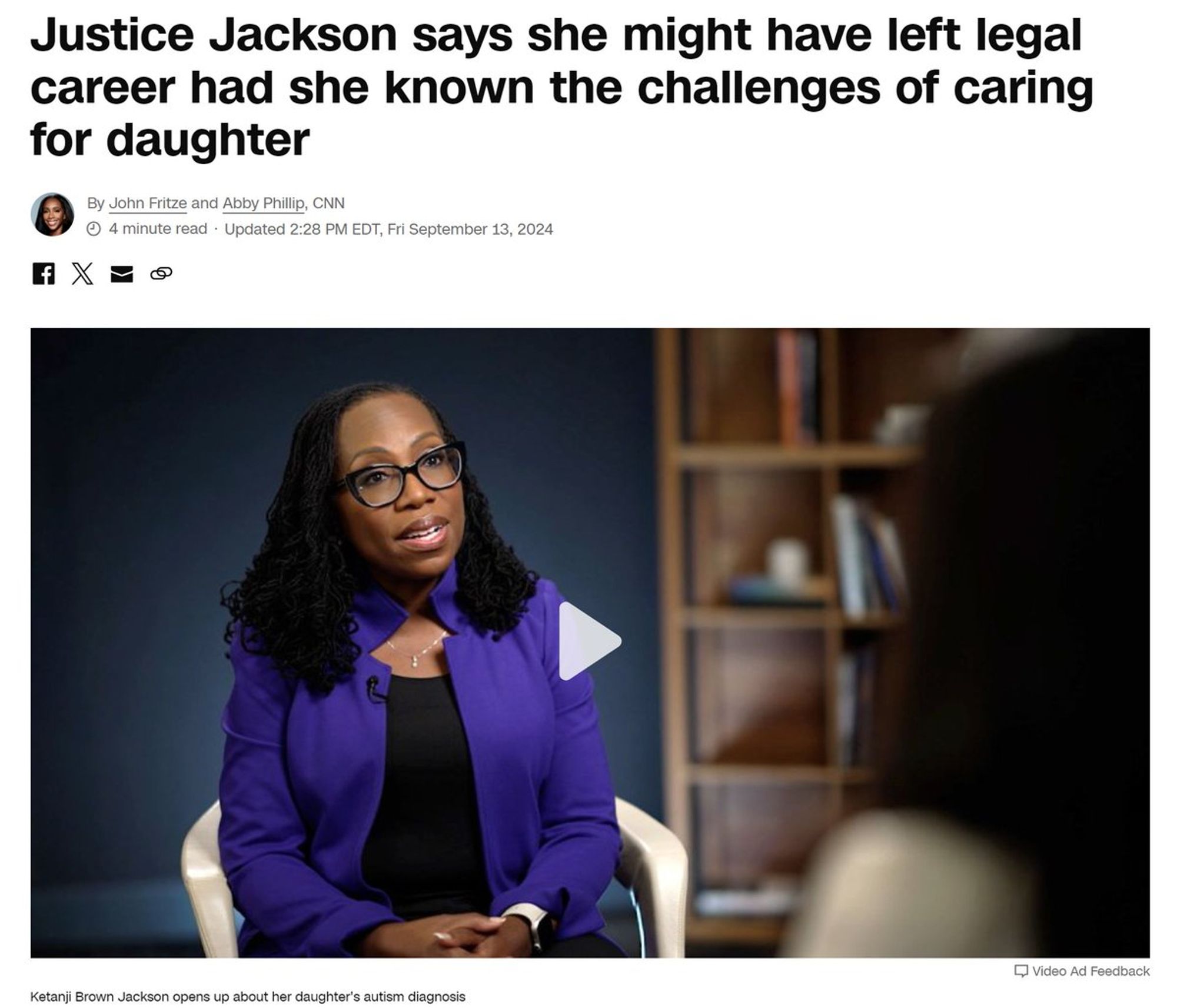 Headline reading "Justice Jackson says she might have left legal career had she known the challenges of caring for daughter"